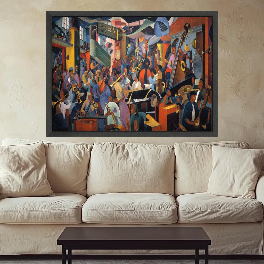 Vibrant Jazz Band Scene, Harlem Renaissance Canvas, Musical Instruments Wall Art, Cultural Music Canvas, Urban Nightlife Decoration