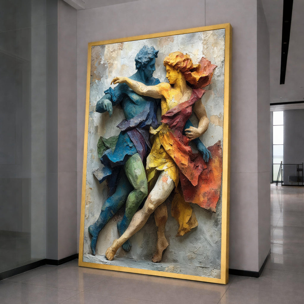 Colorful Dancing Figures Relief, Abstract Sculpture Canvas, Dynamic Couple Wall Art, Modern Home Décor, Artistic Movement Canvas Print
