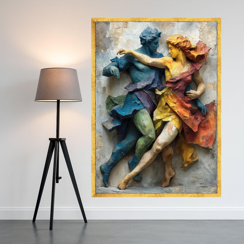 Colorful Dancing Figures Relief, Abstract Sculpture Canvas, Dynamic Couple Wall Art, Modern Home Décor, Artistic Movement Canvas Print