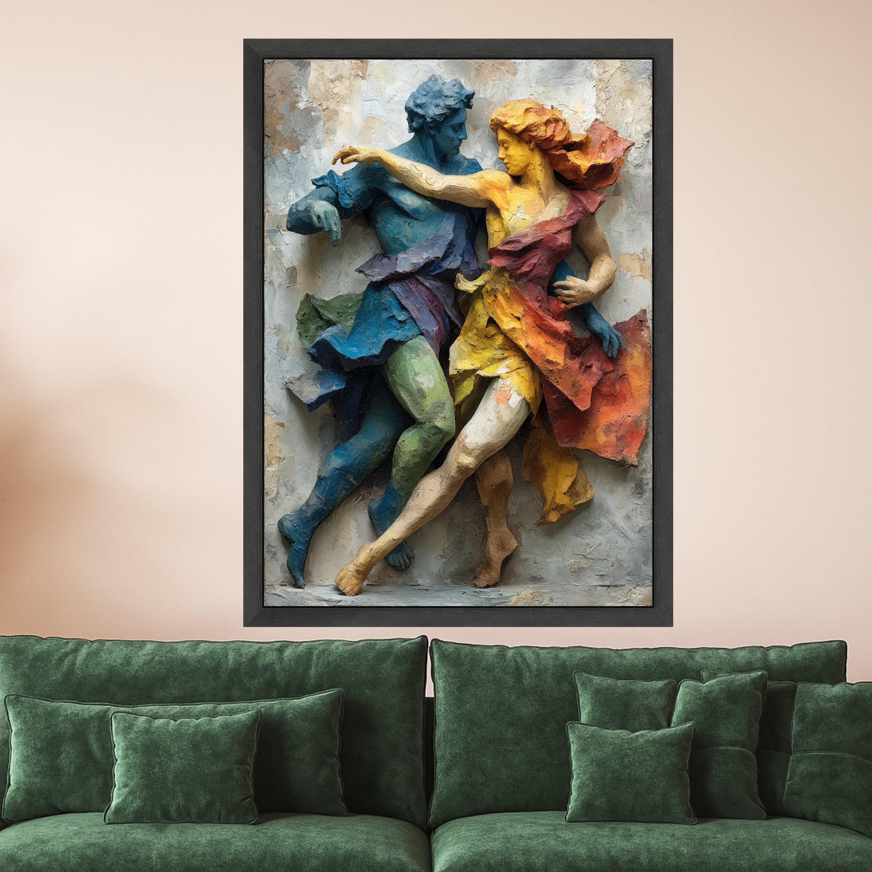 Colorful Dancing Figures Relief, Abstract Sculpture Canvas, Dynamic Couple Wall Art, Modern Home Décor, Artistic Movement Canvas Print