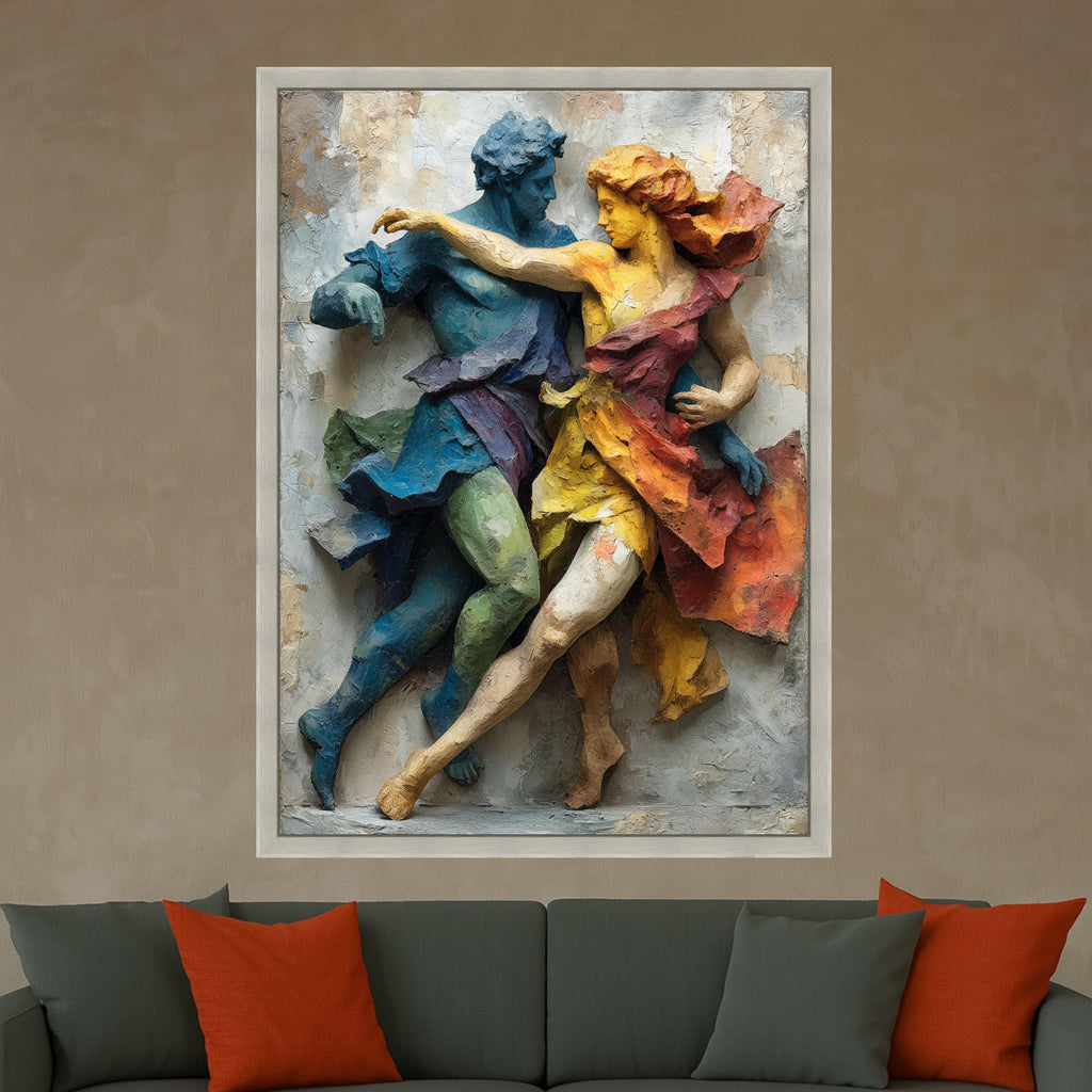 Colorful Dancing Figures Relief, Abstract Sculpture Canvas, Dynamic Couple Wall Art, Modern Home Décor, Artistic Movement Canvas Print