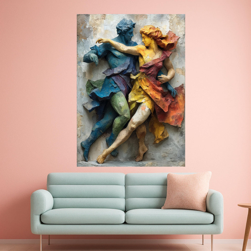 Colorful Dancing Figures Relief, Abstract Sculpture Canvas, Dynamic Couple Wall Art, Modern Home Décor, Artistic Movement Canvas Print