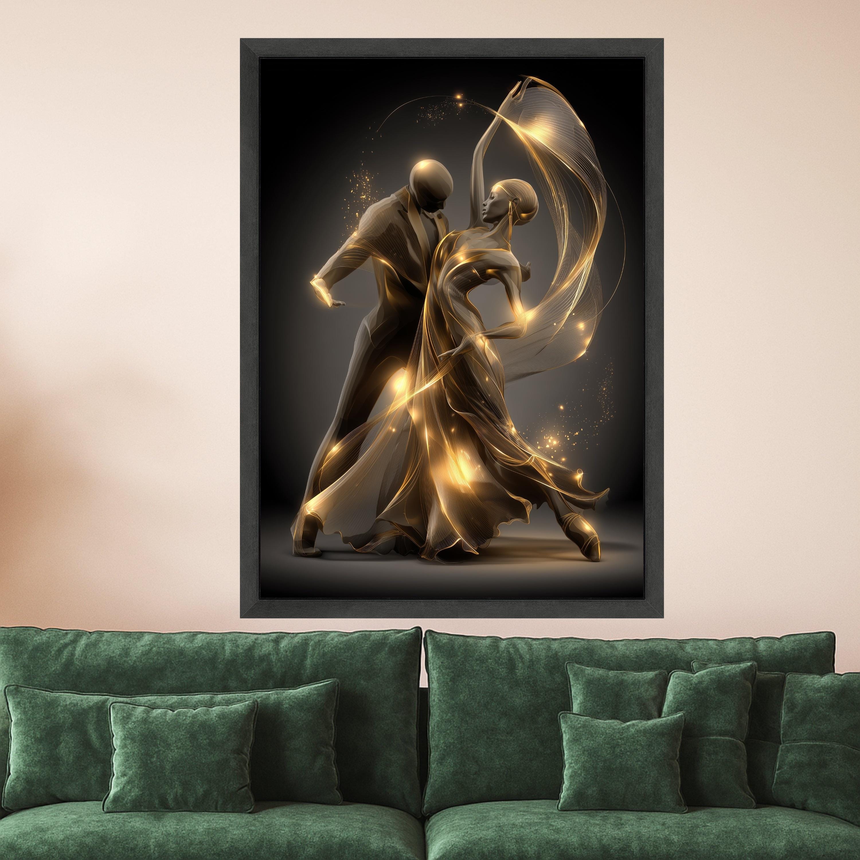 Elegant Ballroom Dance Couple, Golden Light Flowing Dress Canvas, Romantic Dance Wall Art, Modern Abstract Canvas, Home Decor Artwork