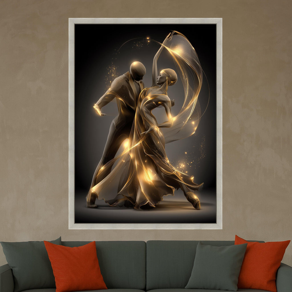 Elegant Ballroom Dance Couple, Golden Light Flowing Dress Canvas, Romantic Dance Wall Art, Modern Abstract Canvas, Home Decor Artwork