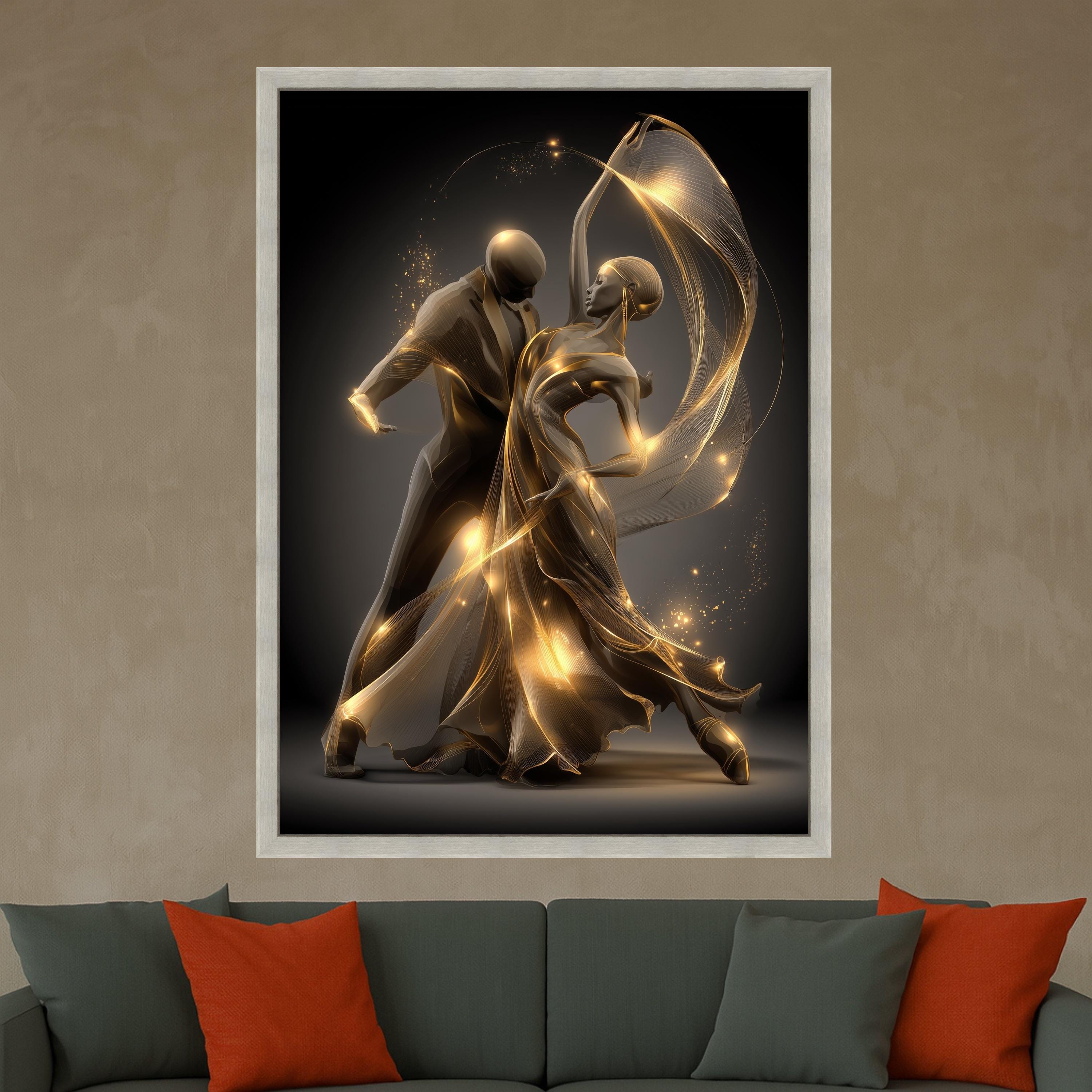 Elegant Ballroom Dance Couple, Golden Light Flowing Dress Canvas, Romantic Dance Wall Art, Modern Abstract Canvas, Home Decor Artwork