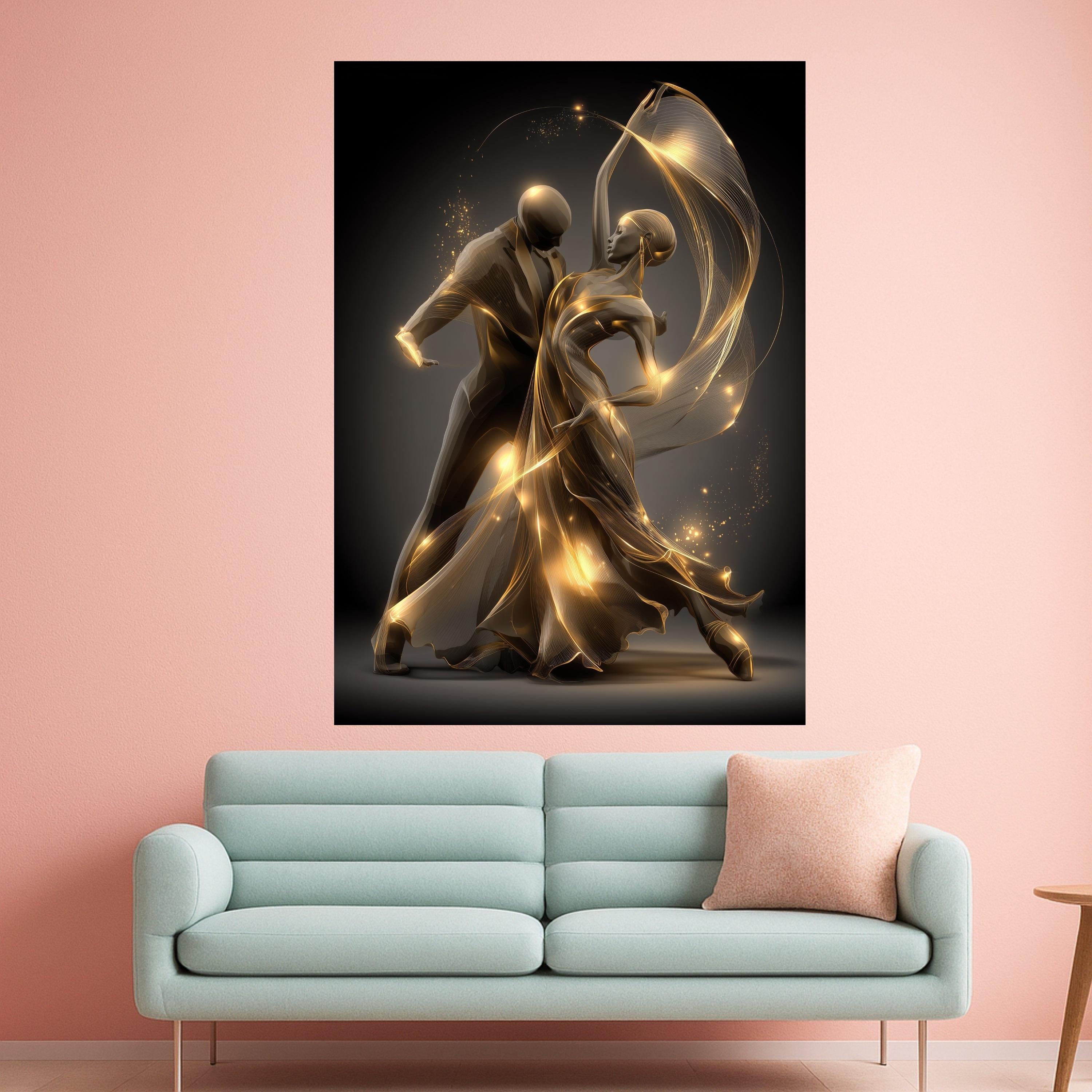 Elegant Ballroom Dance Couple, Golden Light Flowing Dress Canvas, Romantic Dance Wall Art, Modern Abstract Canvas, Home Decor Artwork