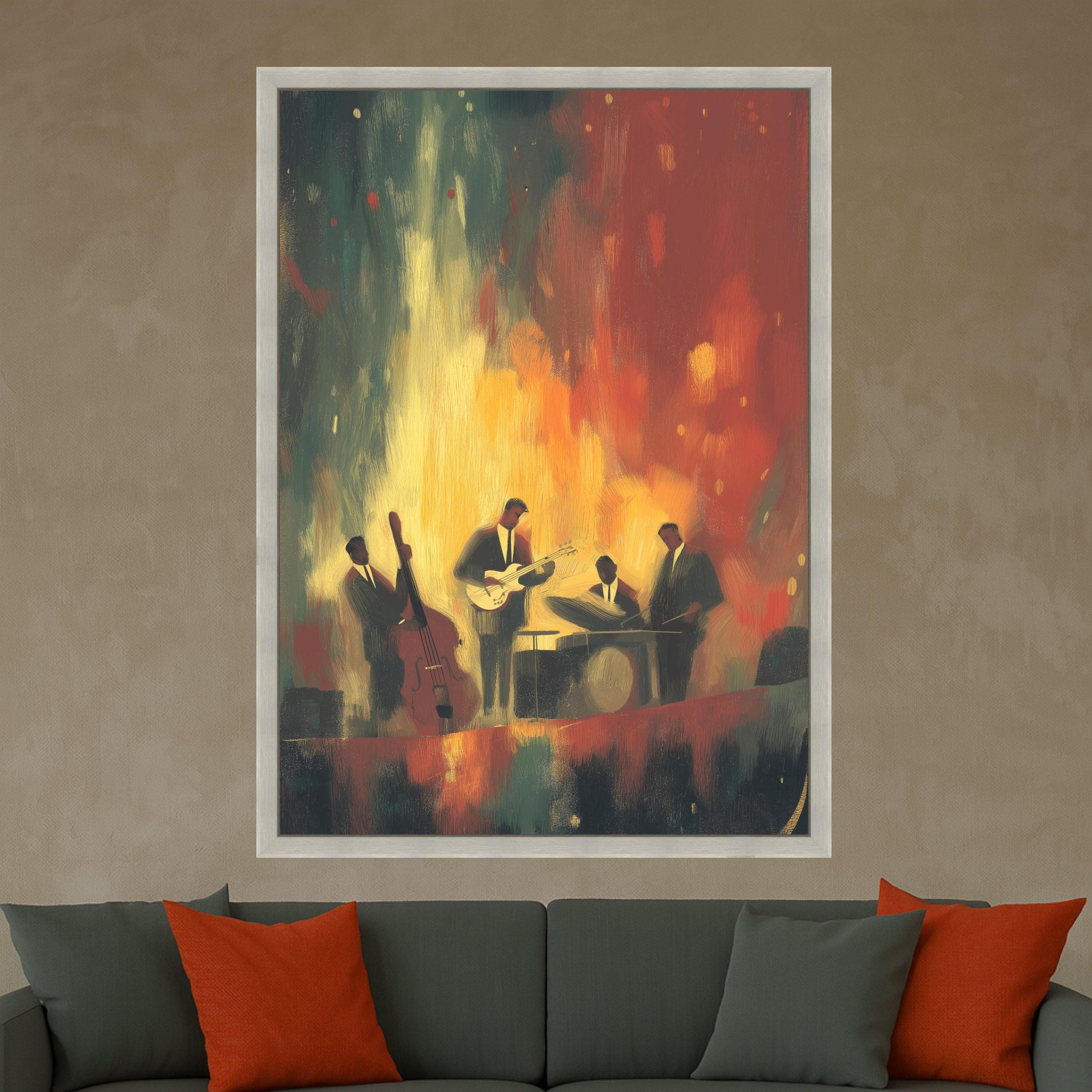 Jazz Band Playing Music, Abstract Musician Canvas, Retro Jazz Night Wall Art, Vibrant Musical Scene Canvas, Home Decor Music Artwork