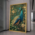 Elegant Peacock Portrait Canvas, Golden Floral Background, Exotic Bird Wall Art, Decorative Nature Canvas, Luxury Home Decoration