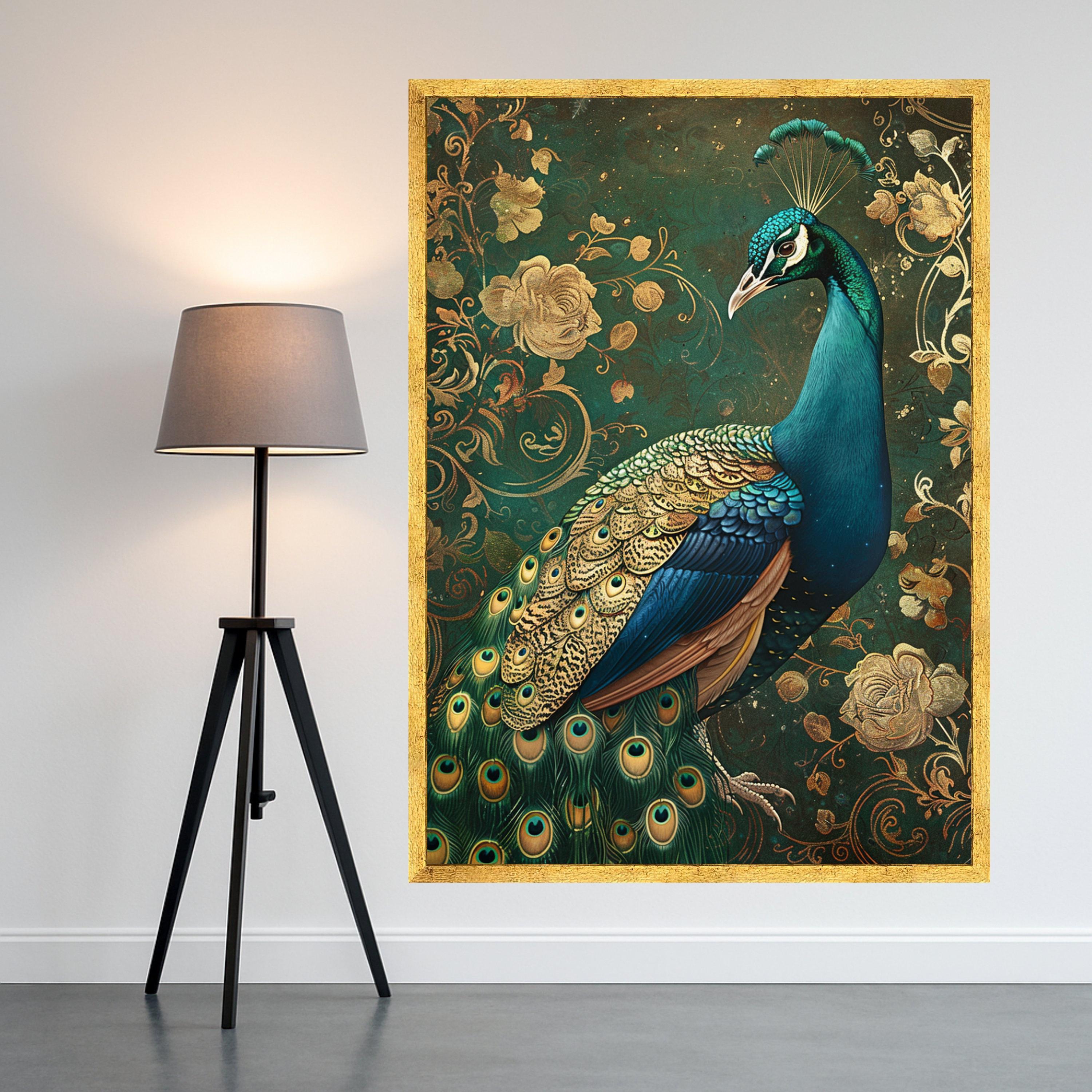 Elegant Peacock Portrait Canvas, Golden Floral Background, Exotic Bird Wall Art, Decorative Nature Canvas, Luxury Home Decoration