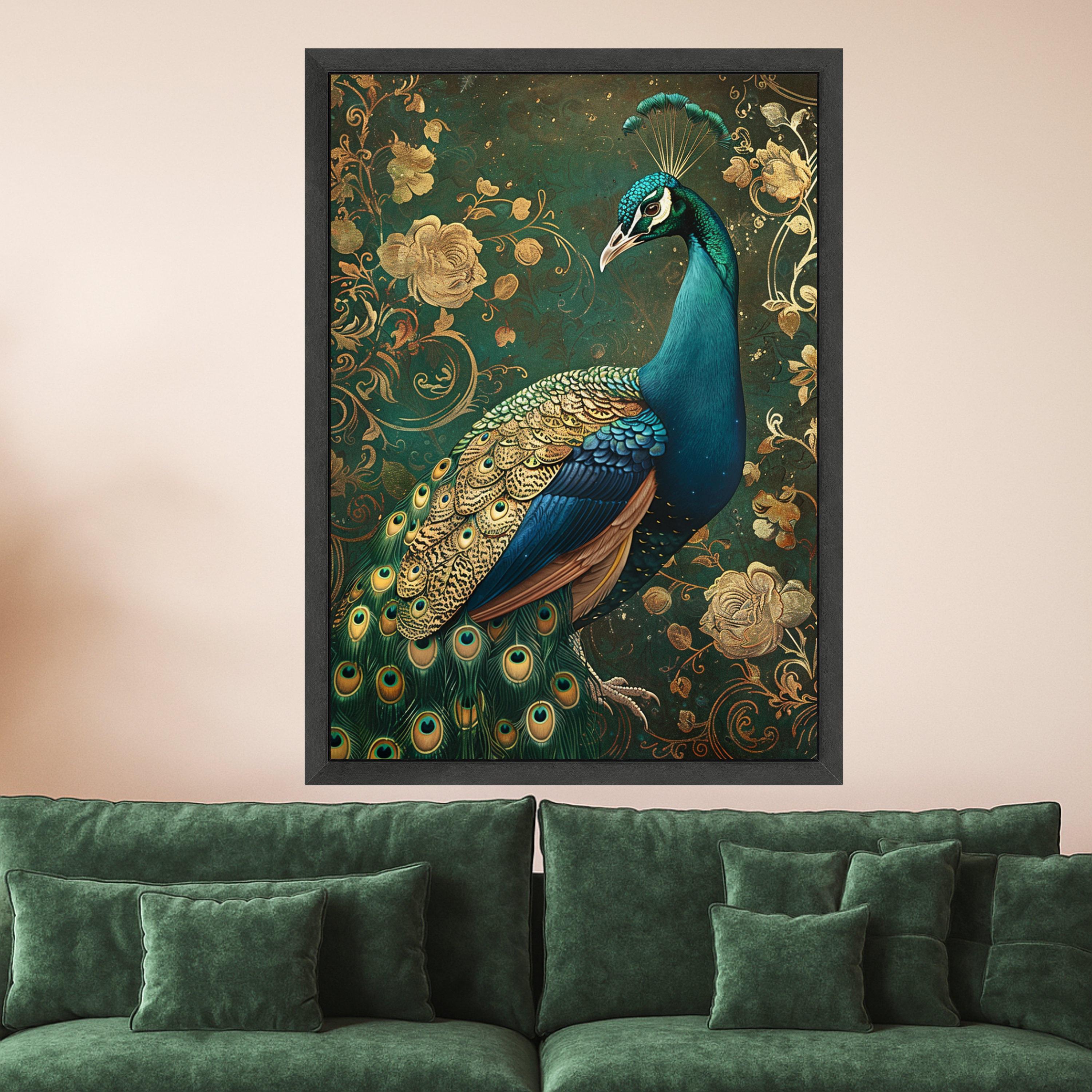 Elegant Peacock Portrait Canvas, Golden Floral Background, Exotic Bird Wall Art, Decorative Nature Canvas, Luxury Home Decoration