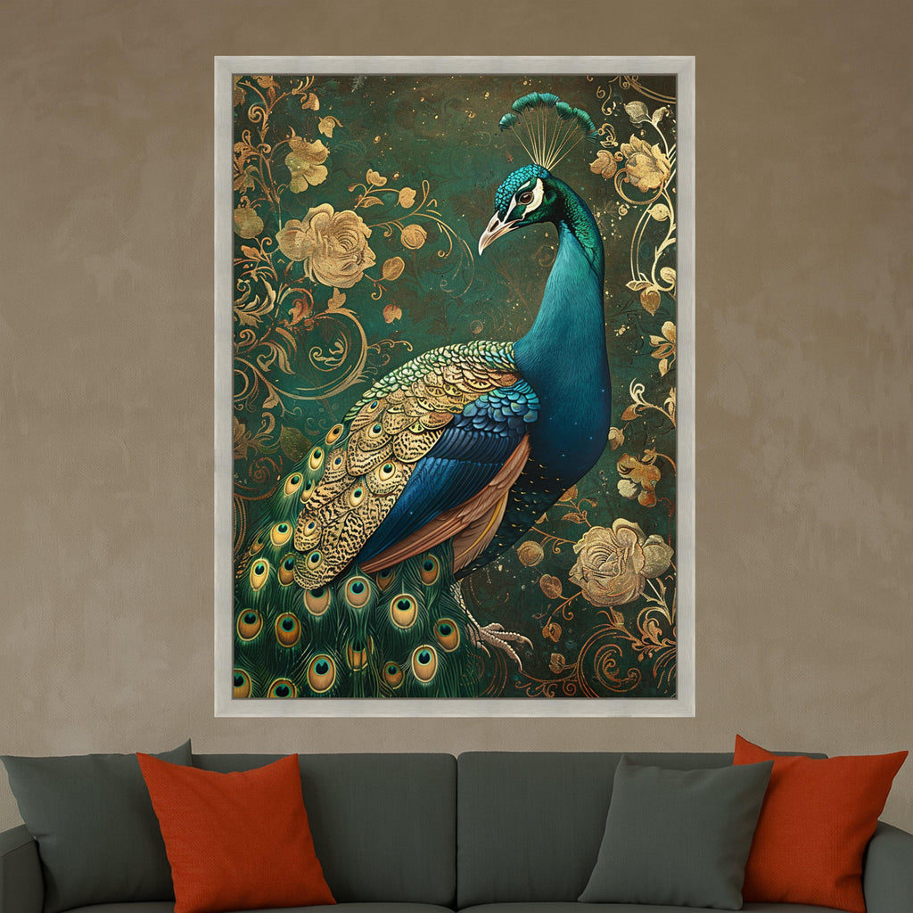 Elegant Peacock Portrait Canvas, Golden Floral Background, Exotic Bird Wall Art, Decorative Nature Canvas, Luxury Home Decoration