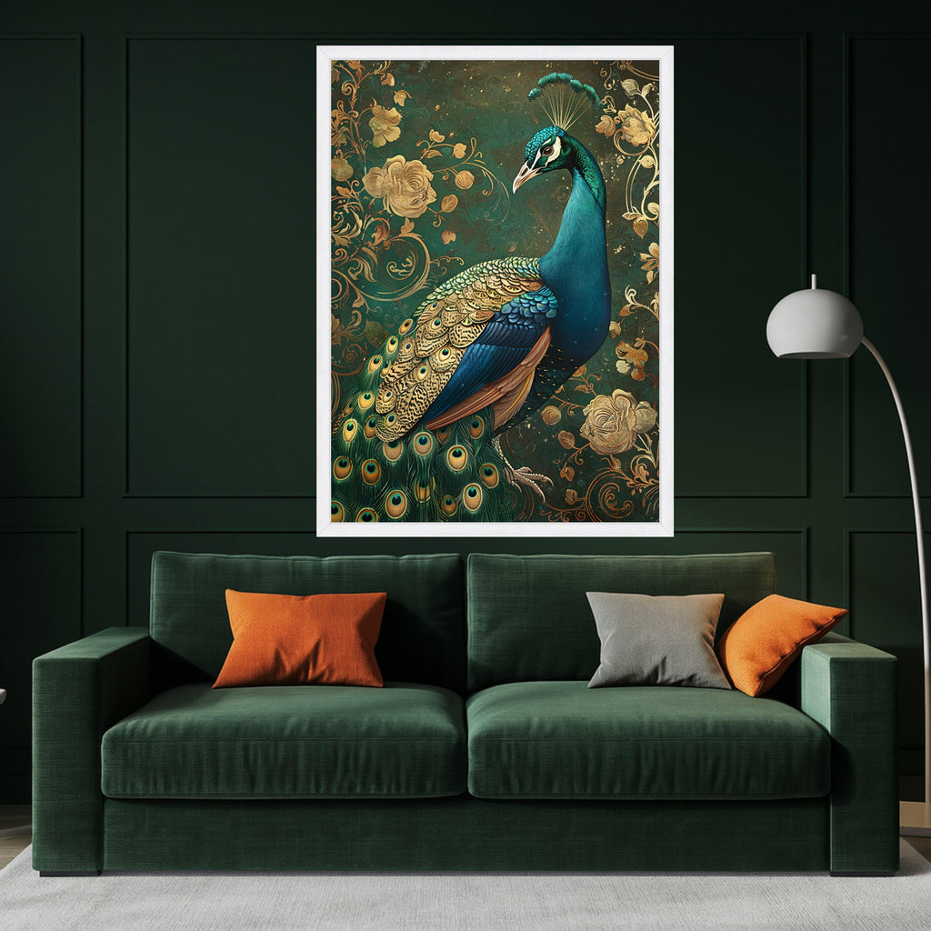 Elegant Peacock Portrait Canvas, Golden Floral Background, Exotic Bird Wall Art, Decorative Nature Canvas, Luxury Home Decoration