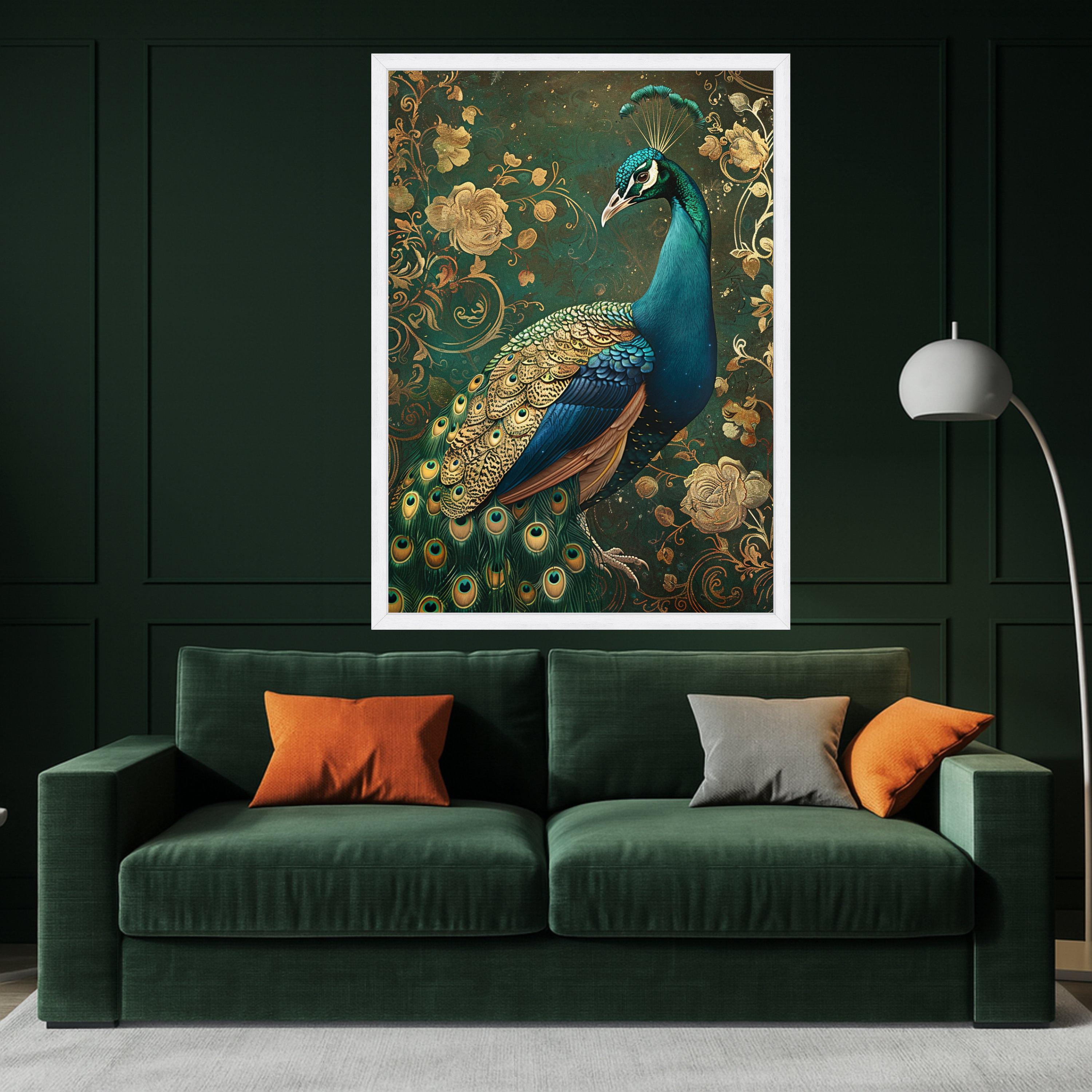 Elegant Peacock Portrait Canvas, Golden Floral Background, Exotic Bird Wall Art, Decorative Nature Canvas, Luxury Home Decoration