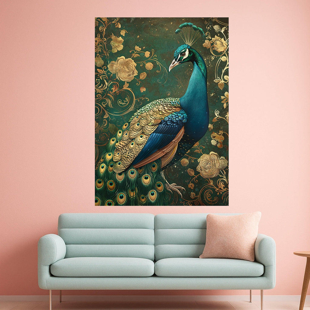 Elegant Peacock Portrait Canvas, Golden Floral Background, Exotic Bird Wall Art, Decorative Nature Canvas, Luxury Home Decoration