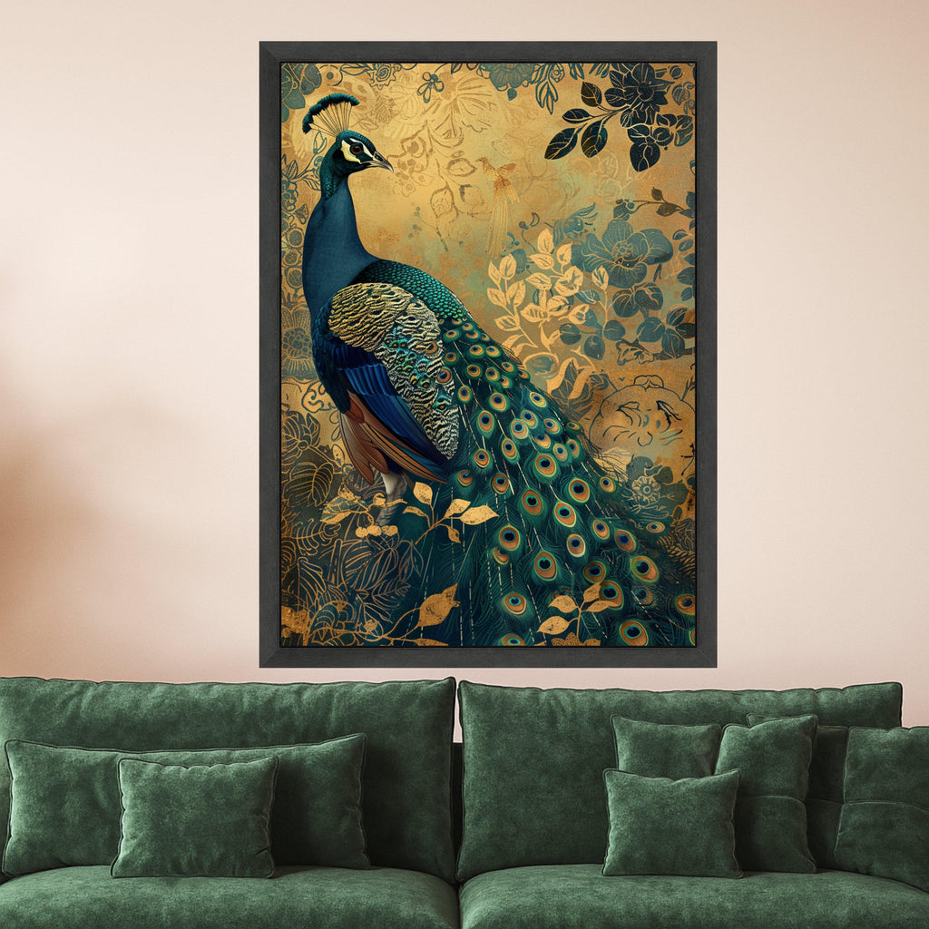 Majestic Peacock Canvas Wall Art, Ornate Feather Detail, Gold Floral Background, Elegant Nature Artwork, Decorative Bird Painting