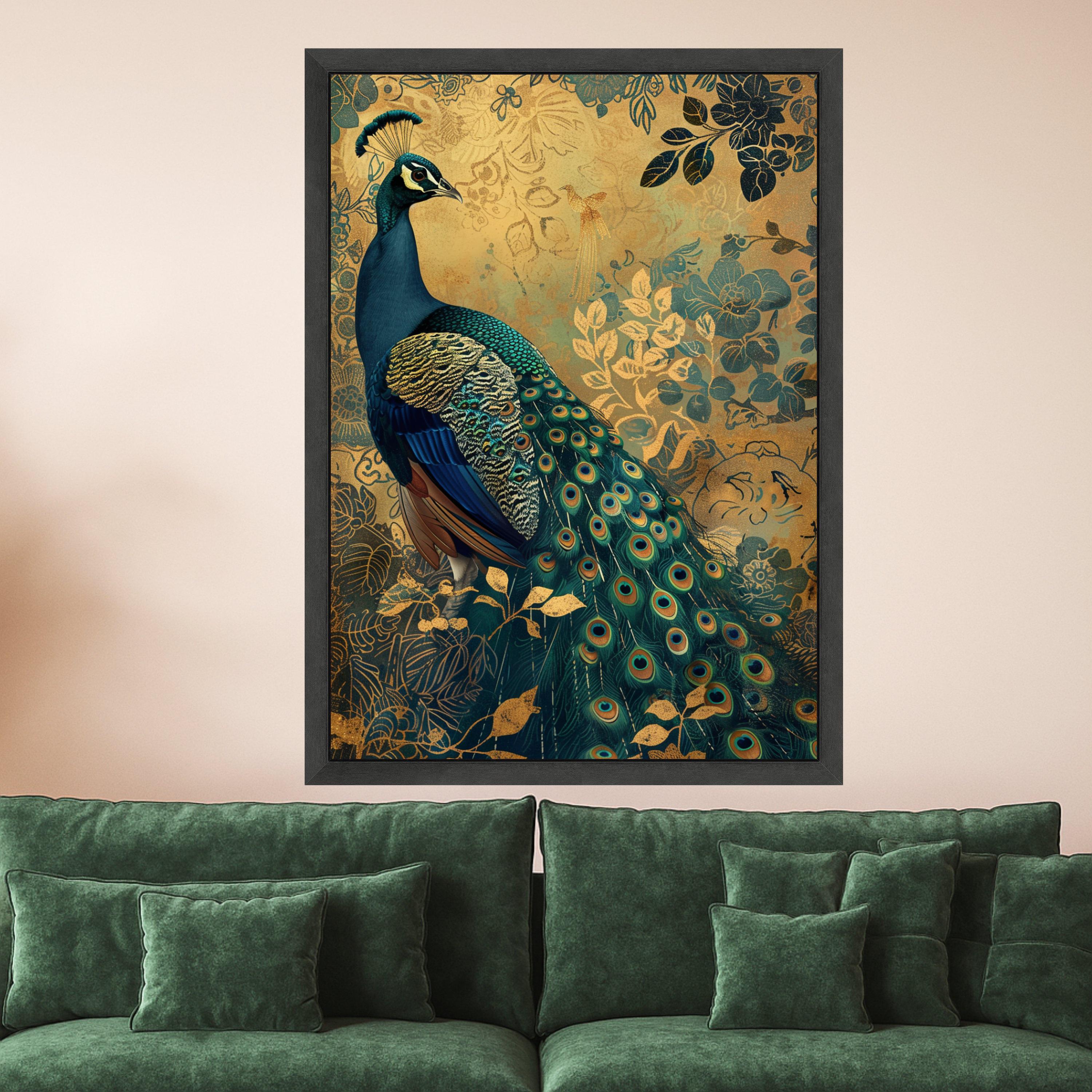 Majestic Peacock Canvas Wall Art, Ornate Feather Detail, Gold Floral Background, Elegant Nature Artwork, Decorative Bird Painting