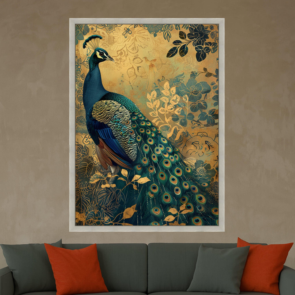 Majestic Peacock Canvas Wall Art, Ornate Feather Detail, Gold Floral Background, Elegant Nature Artwork, Decorative Bird Painting