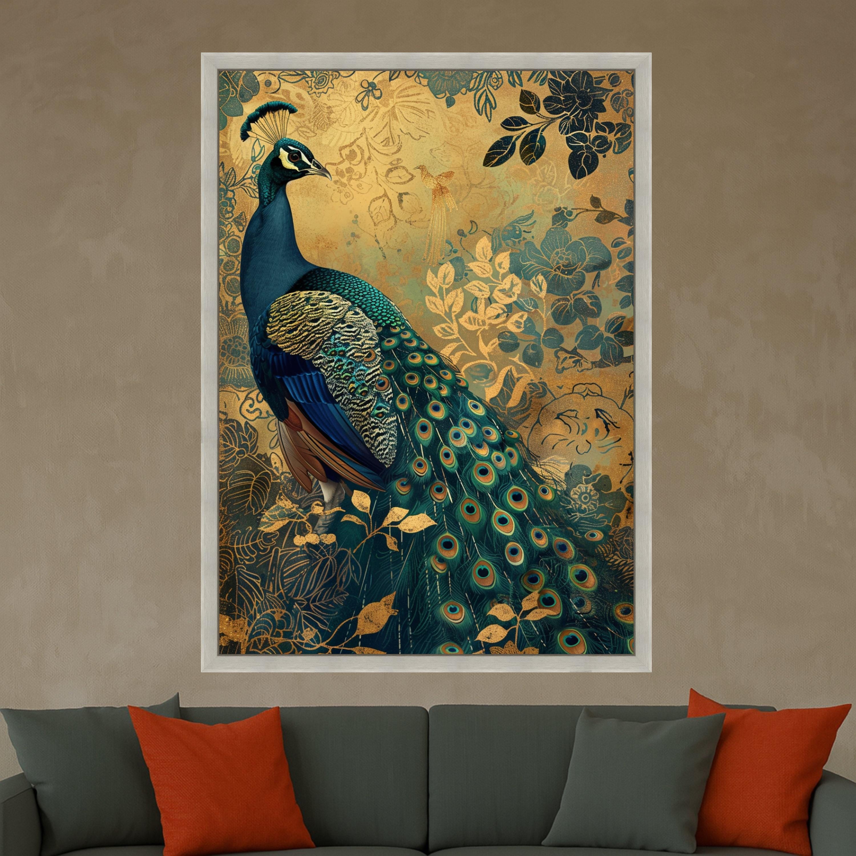 Majestic Peacock Canvas Wall Art, Ornate Feather Detail, Gold Floral Background, Elegant Nature Artwork, Decorative Bird Painting