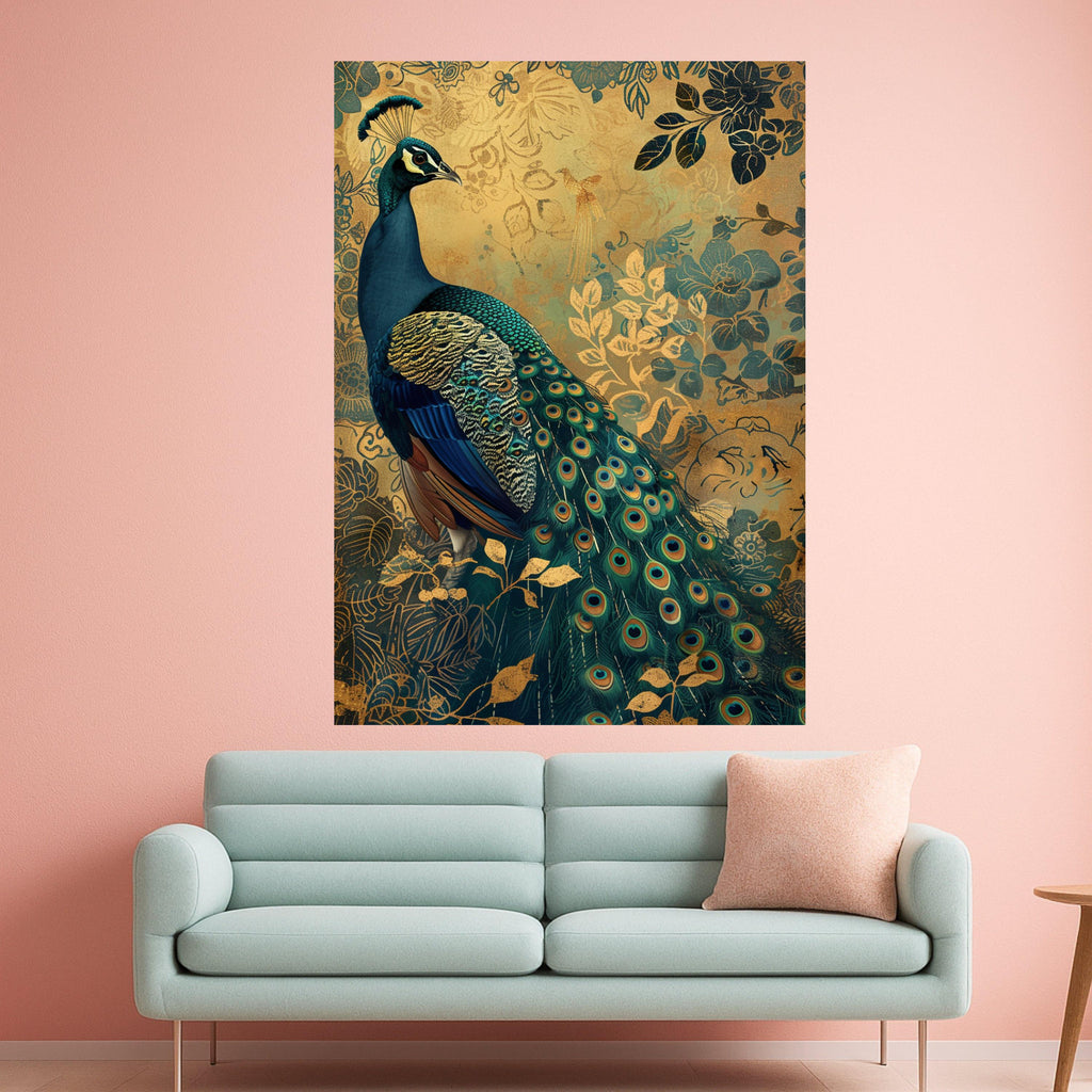 Majestic Peacock Canvas Wall Art, Ornate Feather Detail, Gold Floral Background, Elegant Nature Artwork, Decorative Bird Painting