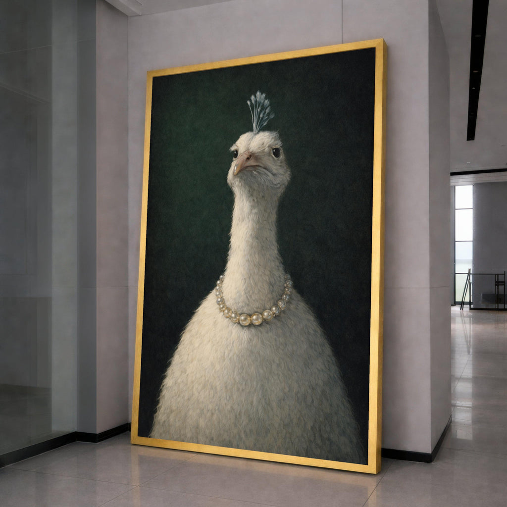 Elegant White Peacock Portrait Canvas, Animal Wall Art, Feathered Bird Painting, Home Decor Canvas, Quirky Art Print, Ready to Hang