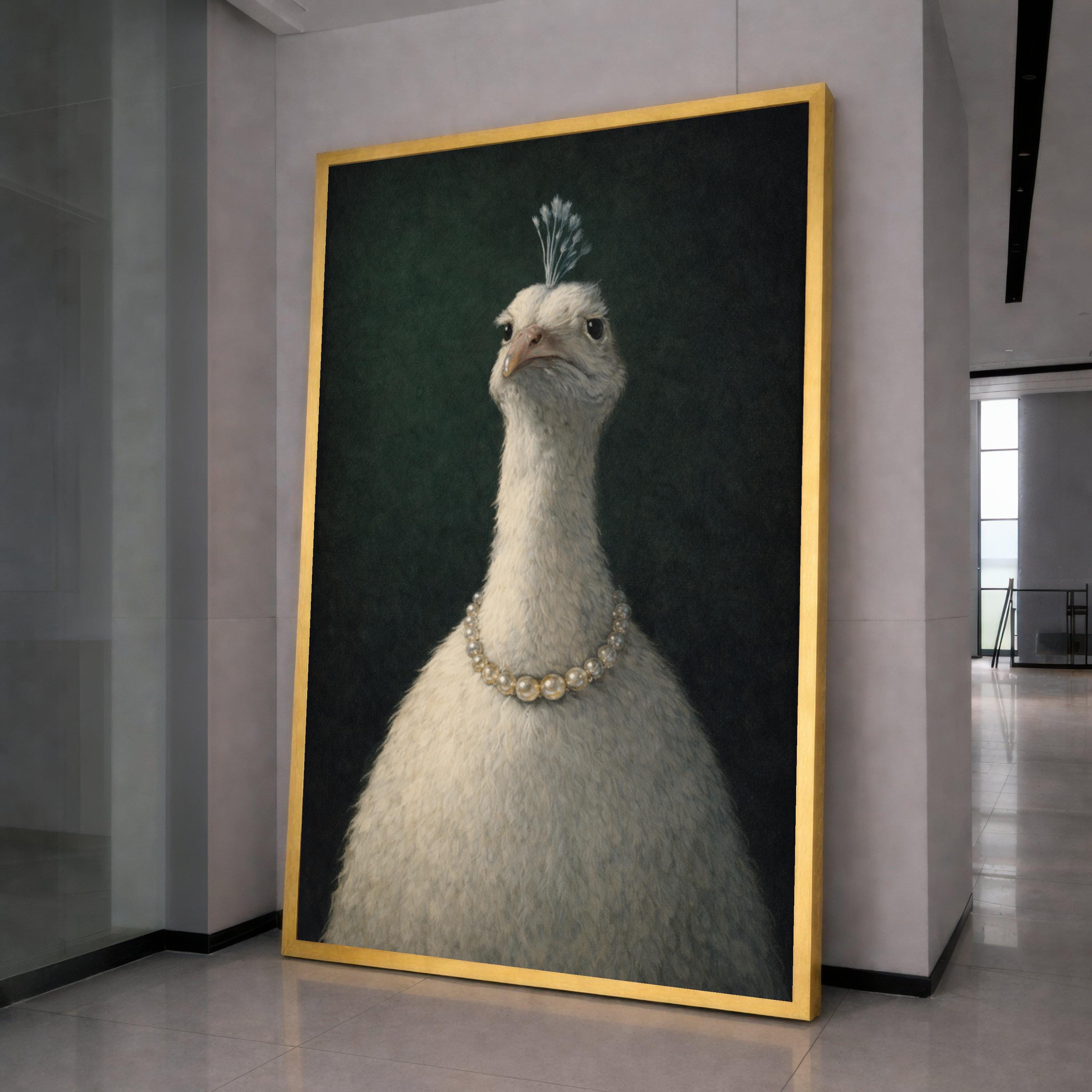Elegant White Peacock Portrait Canvas, Animal Wall Art, Feathered Bird Painting, Home Decor Canvas, Quirky Art Print, Ready to Hang