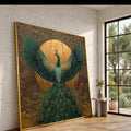 Majestic Peacock with Golden Sun, Elegant Feather Canvas Wall Art, Luxury Home Decor, Ornate Bird Illustration, Ready to Hang Artwork