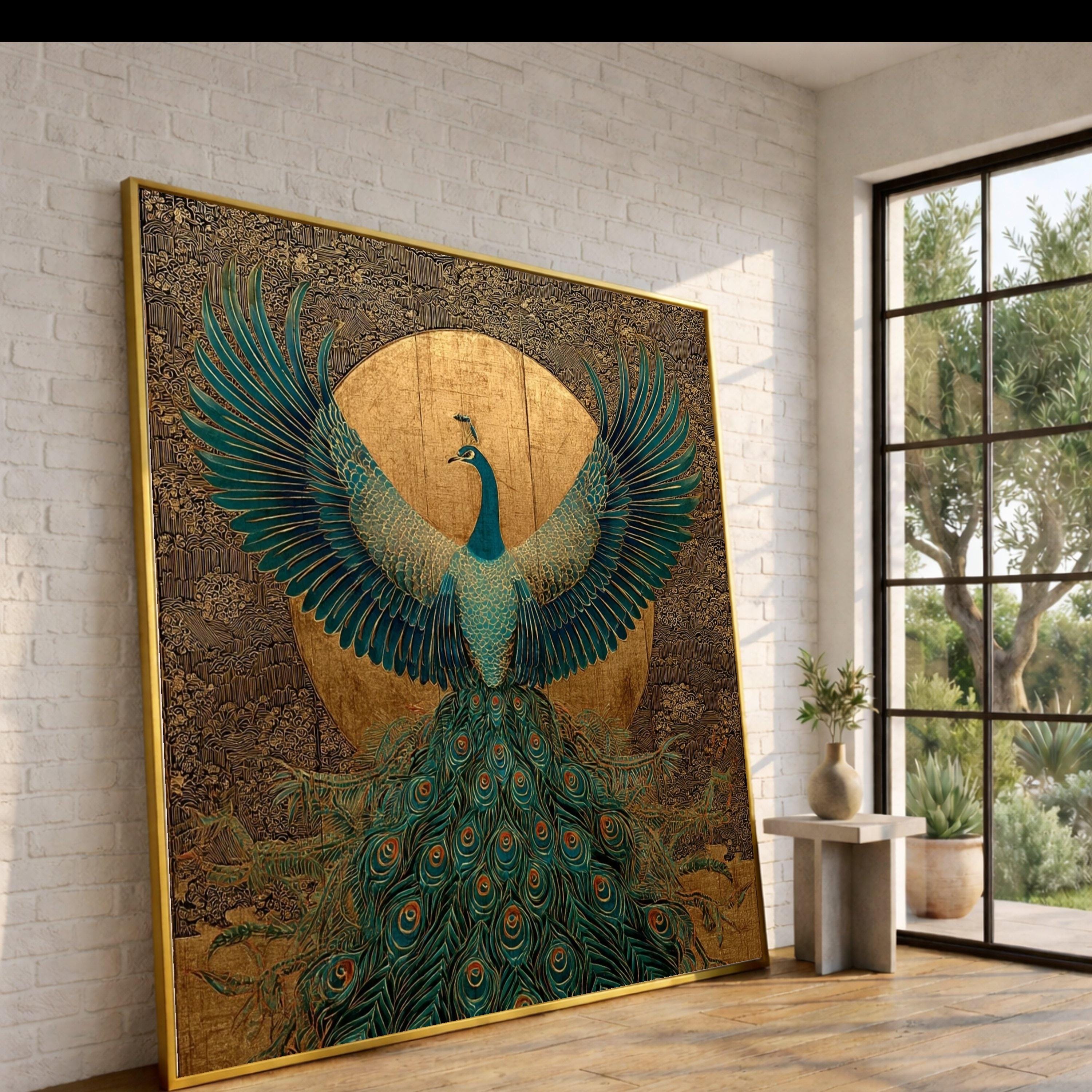 Majestic Peacock with Golden Sun, Elegant Feather Canvas Wall Art, Luxury Home Decor, Ornate Bird Illustration, Ready to Hang Artwork