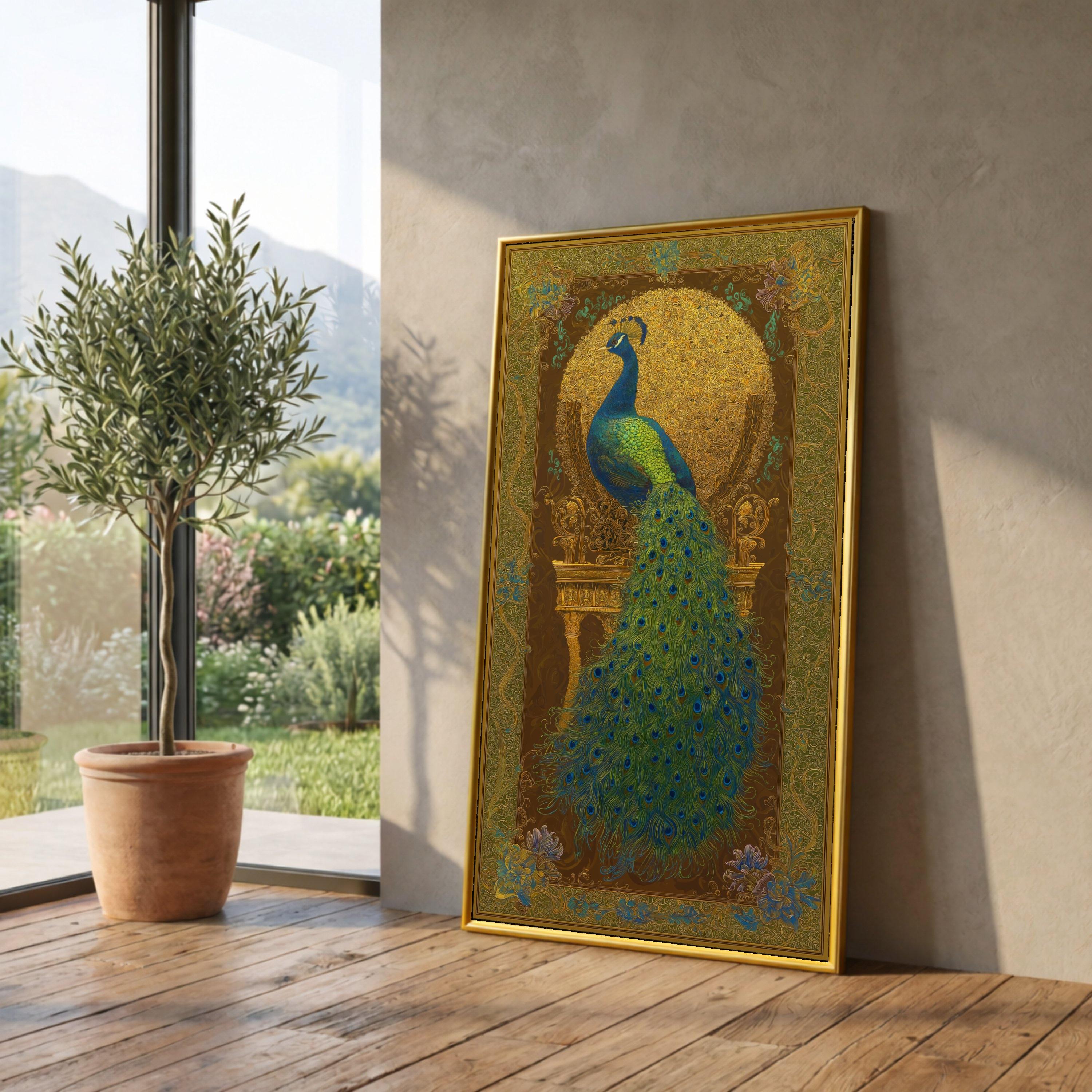 Majestic Peacock Canvas Wall Art, Golden Ornate Frame Design, Exotic Bird Feather Decor, Luxury Home Decoration, Ready to Hang Canvas