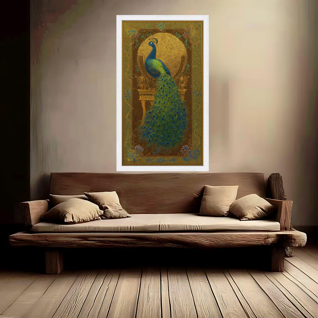 Majestic Peacock Canvas Wall Art, Golden Ornate Frame Design, Exotic Bird Feather Decor, Luxury Home Decoration, Ready to Hang Canvas