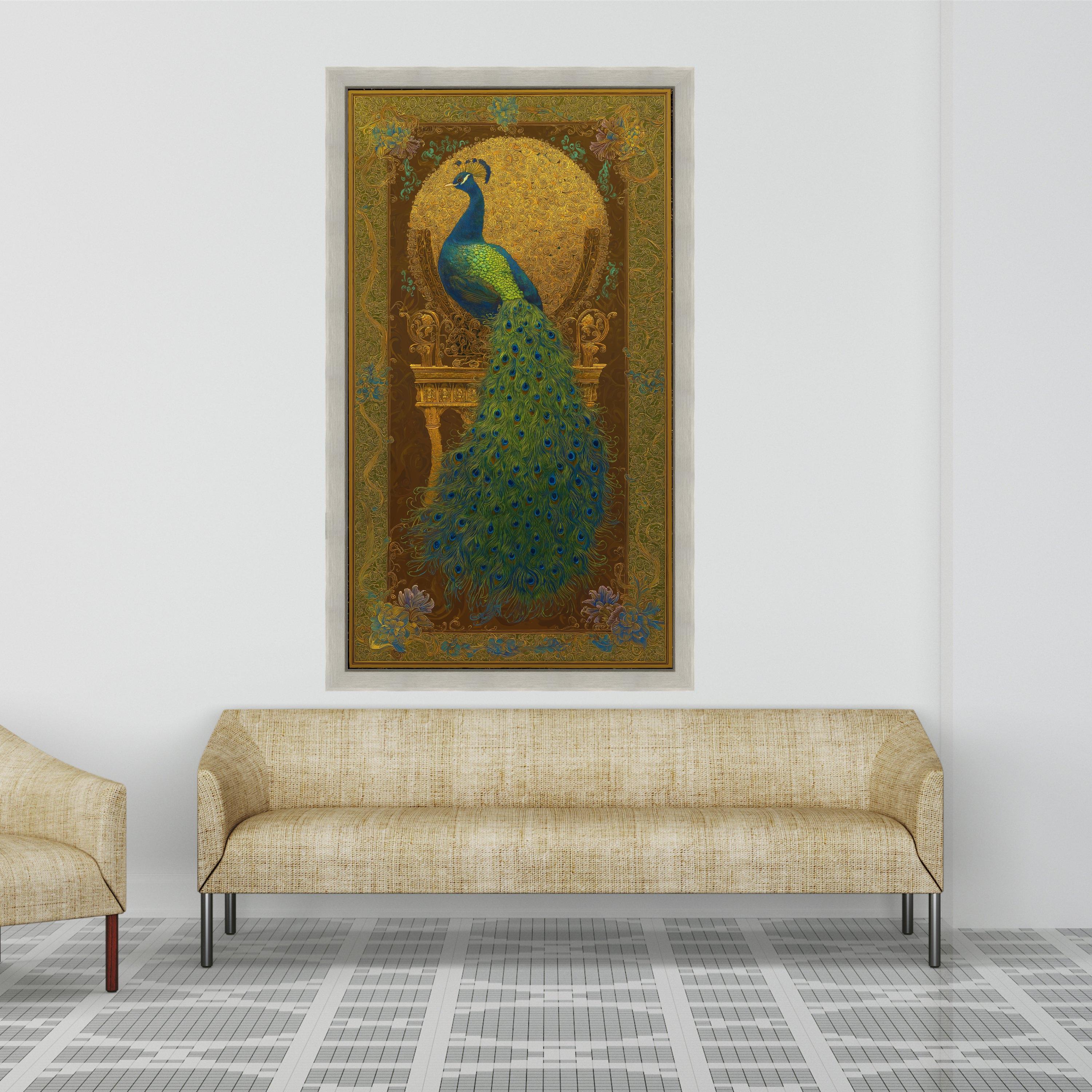 Majestic Peacock Canvas Wall Art, Golden Ornate Frame Design, Exotic Bird Feather Decor, Luxury Home Decoration, Ready to Hang Canvas