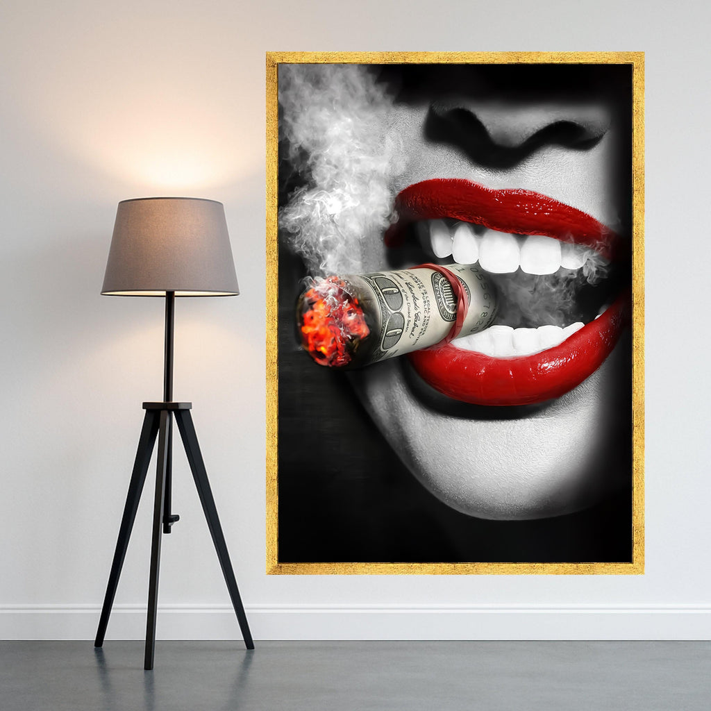 Red Lips Smoking Money, Modern Pop Art, Bold Wall Art, Graphic Print Decor