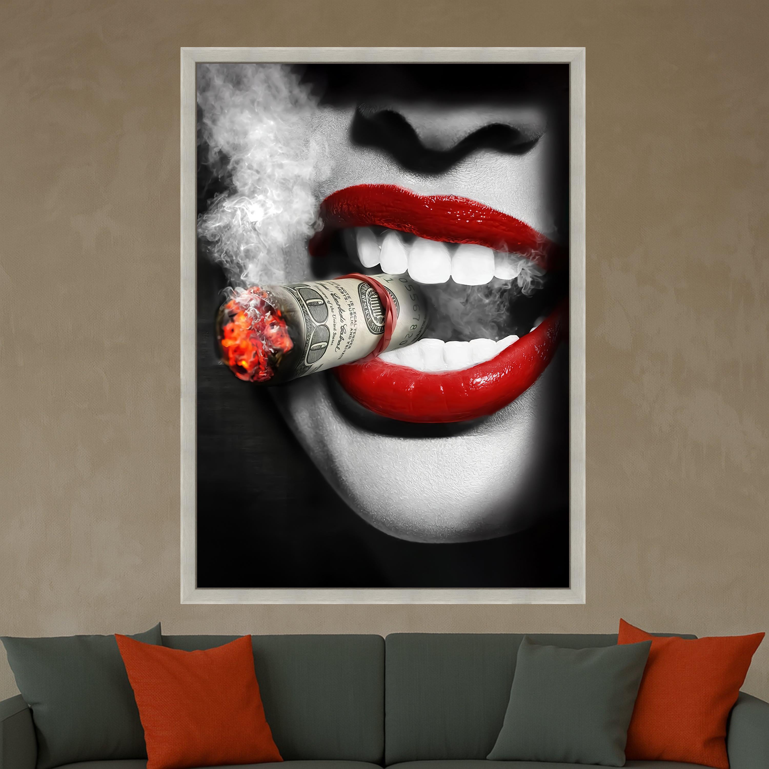 Red Lips Smoking Money, Modern Pop Art, Bold Wall Art, Graphic Print Decor