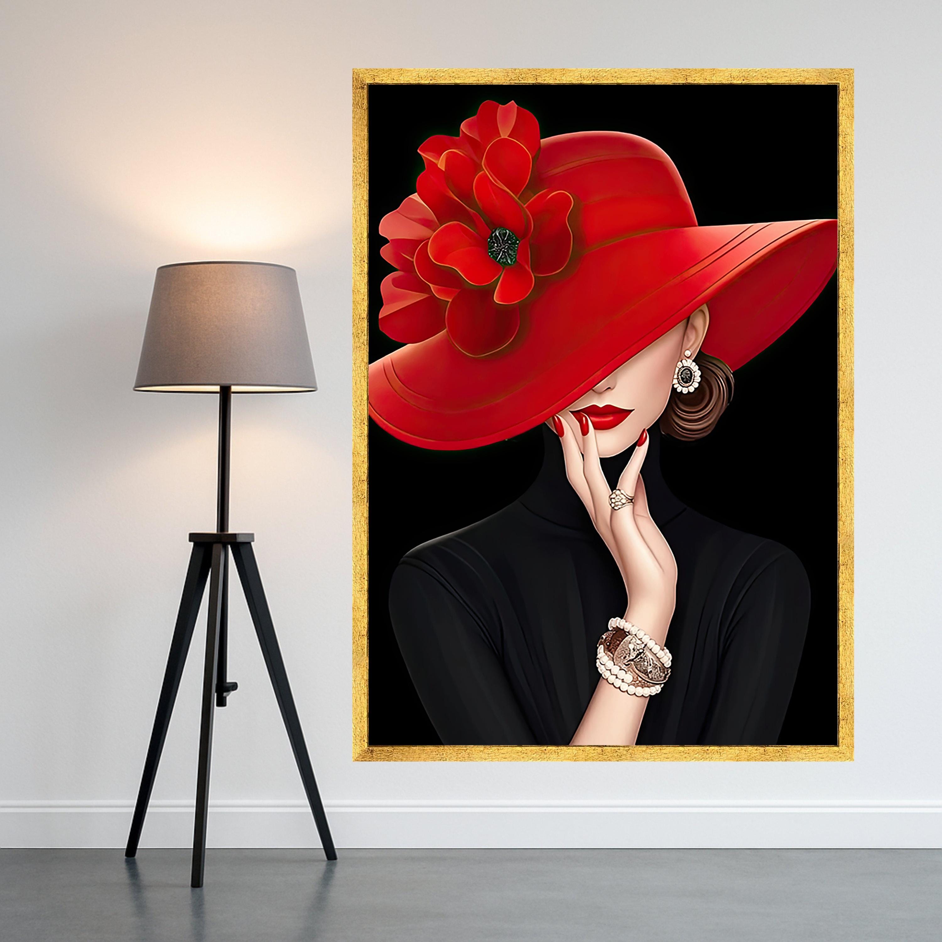 Elegant Woman with Red Hat Canvas Art, Fashion Wall Art, Portrait Print, Stylish Home Decor