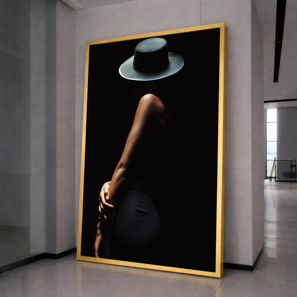 Elegant Woman with Hat Canvas Art, Minimalist Black Fashion Wall Art, Modern Home Decor Print