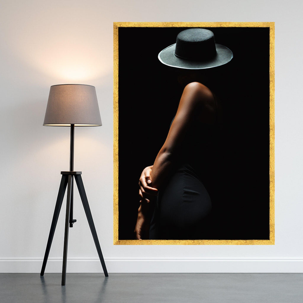 Elegant Woman with Hat Canvas Art, Minimalist Black Fashion Wall Art, Modern Home Decor Print