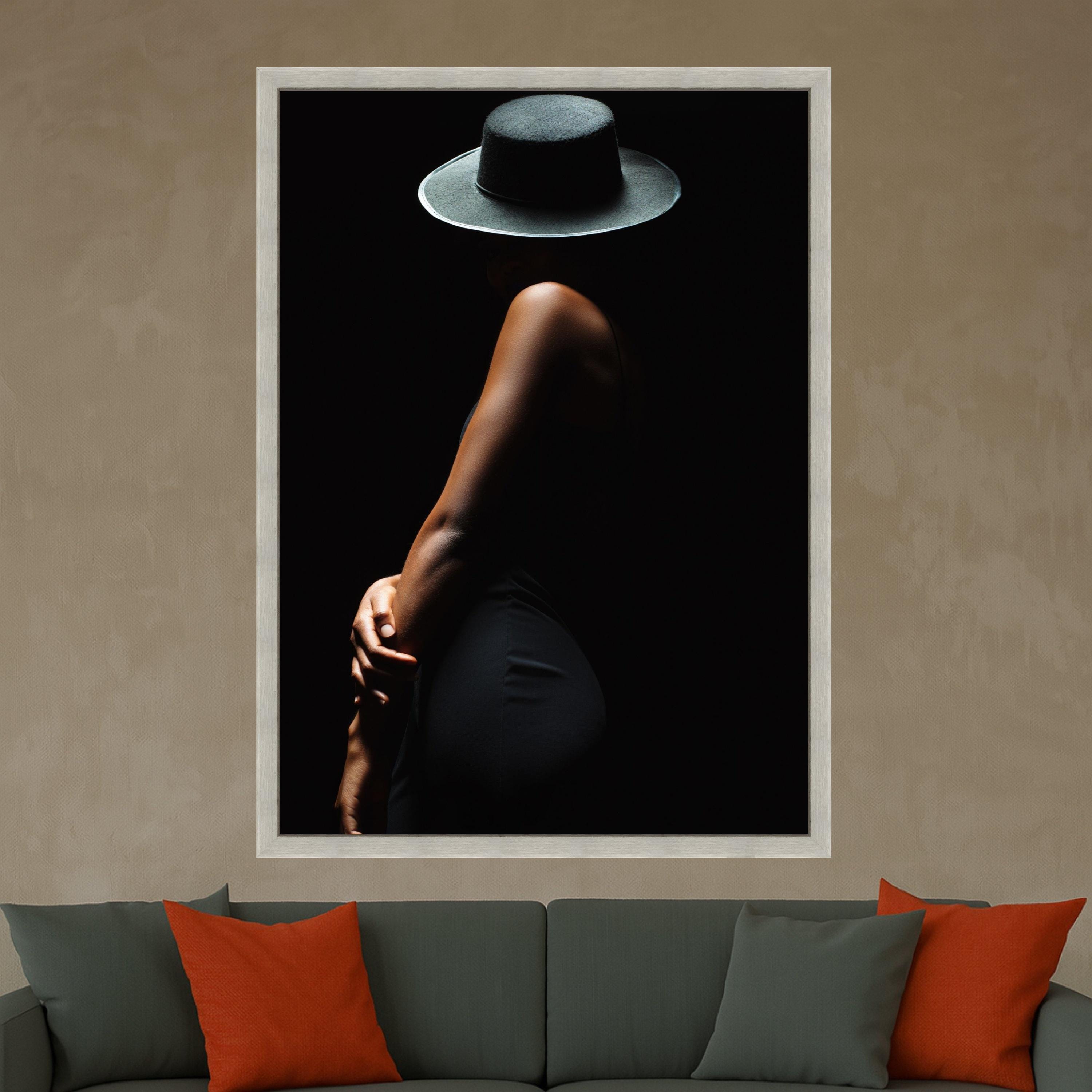 Elegant Woman with Hat Canvas Art, Minimalist Black Fashion Wall Art, Modern Home Decor Print