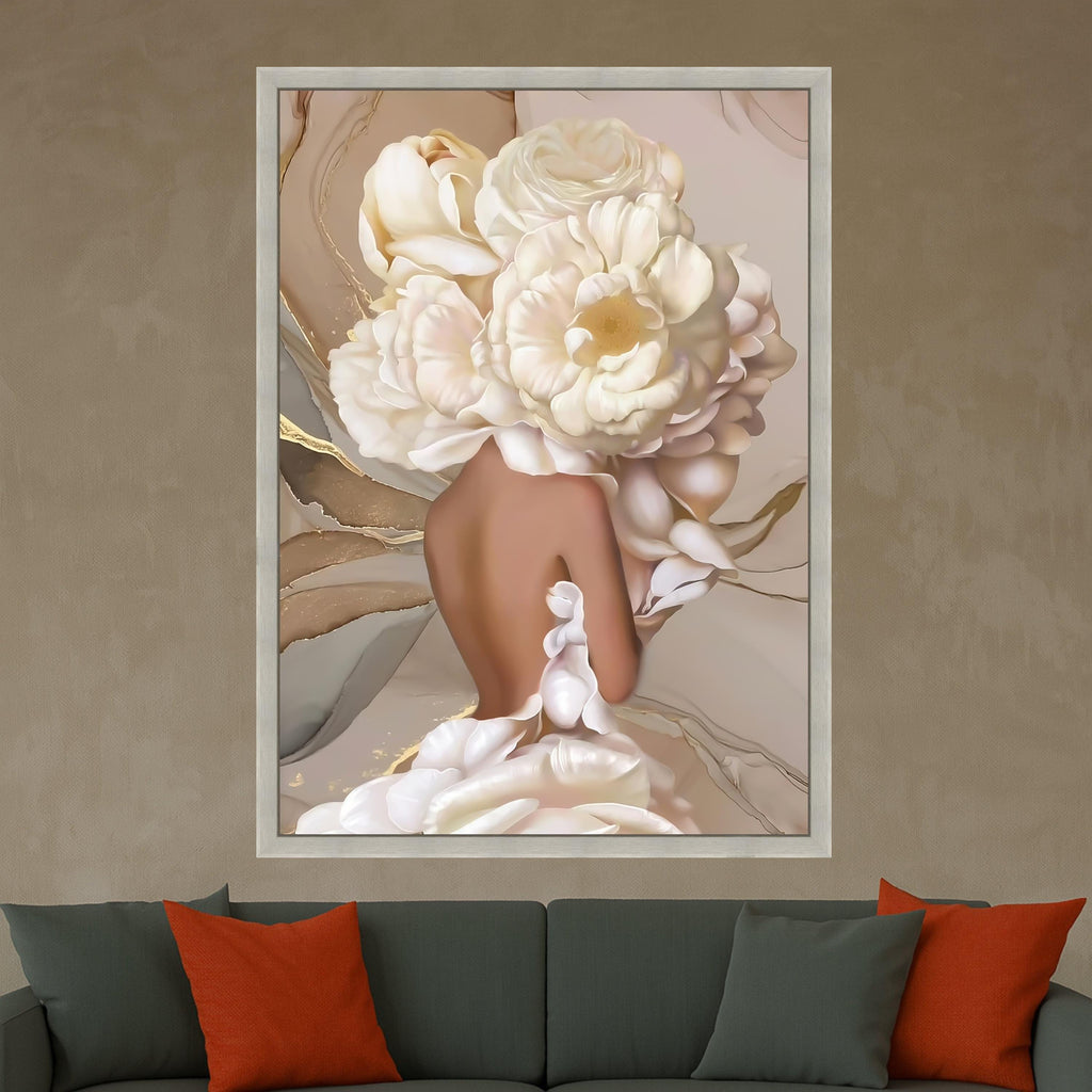 Floral Woman Back Art, White Peony Print, Elegant Canvas Wall Art, Feminine Decor