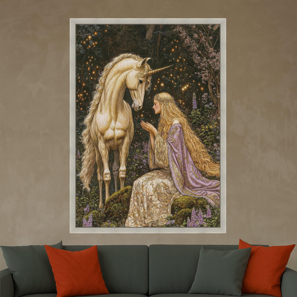 Unicorn and Princess Canvas Art, Fantasy Wall Art Decor, Mythical Creature Print, Magical Forest Canvas