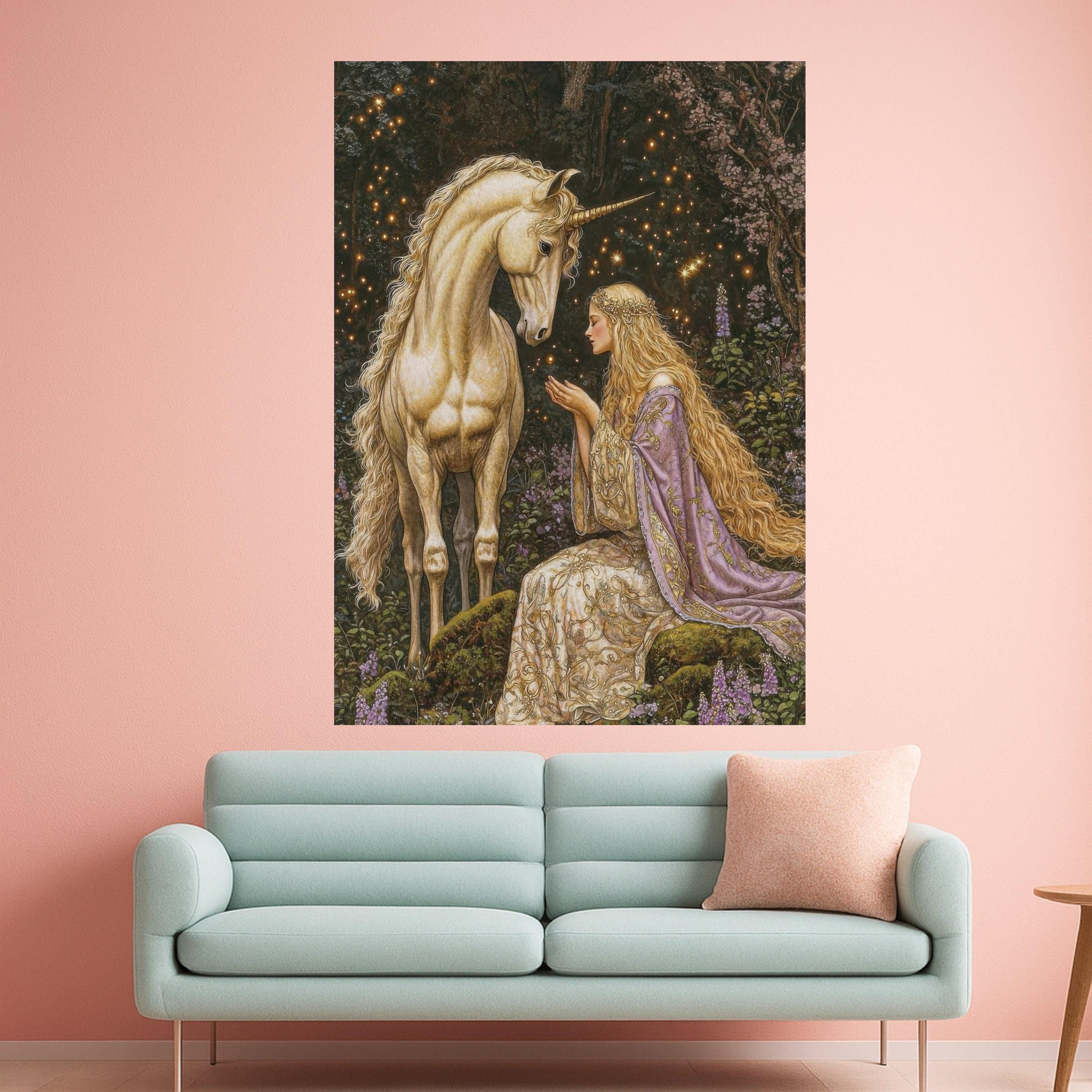 Unicorn and Princess Canvas Art, Fantasy Wall Art Decor, Mythical Creature Print, Magical Forest Canvas