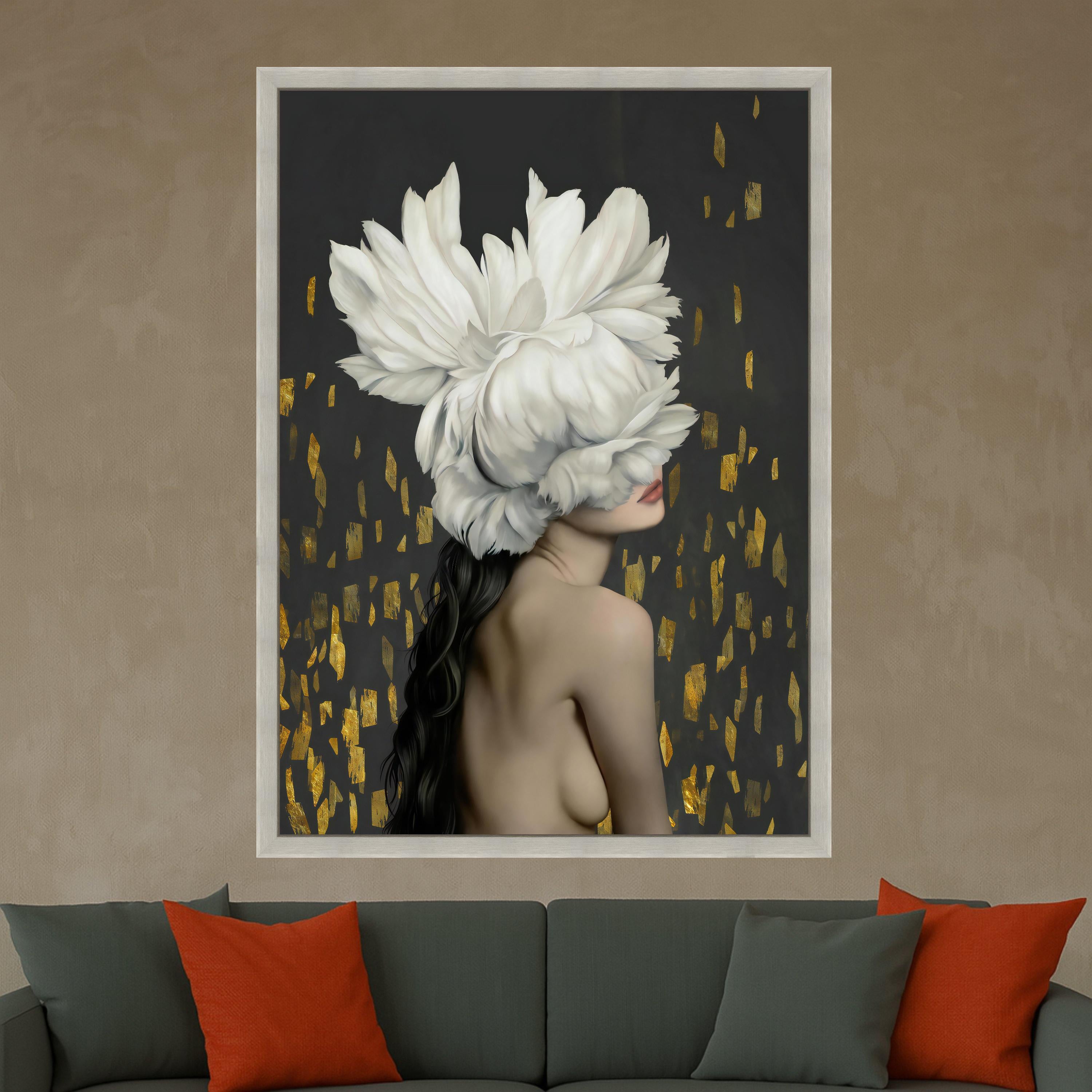 White Peony Hat Woman Canvas Art, Floral Print, Modern Wall Art, Decorative Canvas Decor