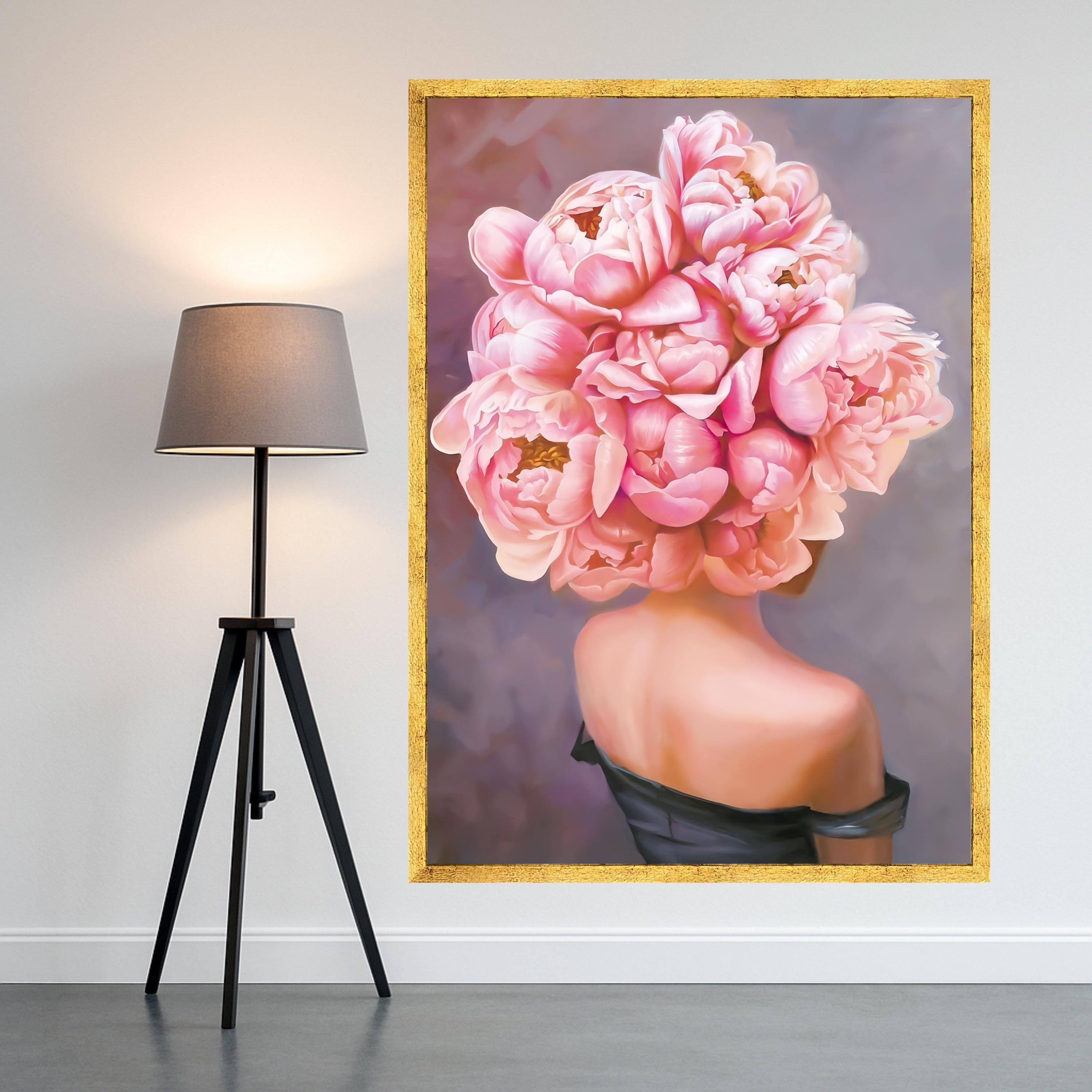 Pink Peonies Bouquet Canvas Art, Floral Wall Decor, Woman with Flowers Print