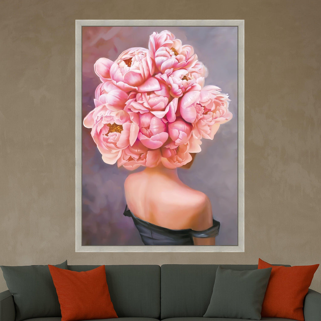 Pink Peonies Bouquet Canvas Art, Floral Wall Decor, Woman with Flowers Print