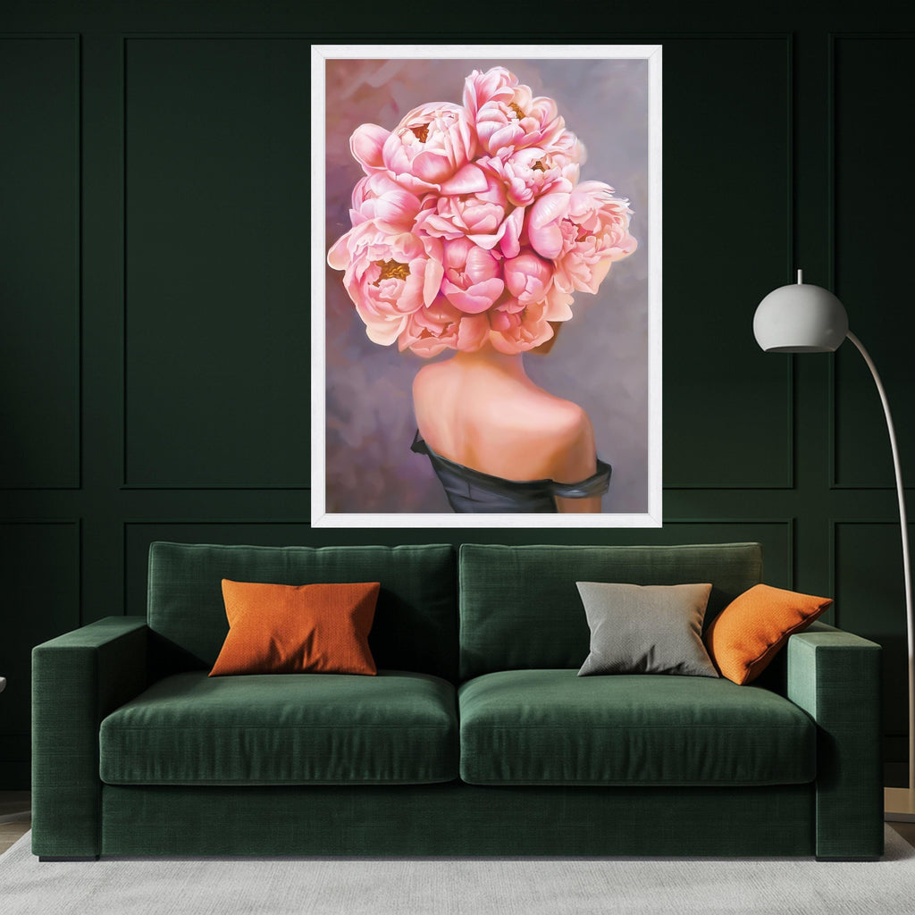 Pink Peonies Bouquet Canvas Art, Floral Wall Decor, Woman with Flowers Print