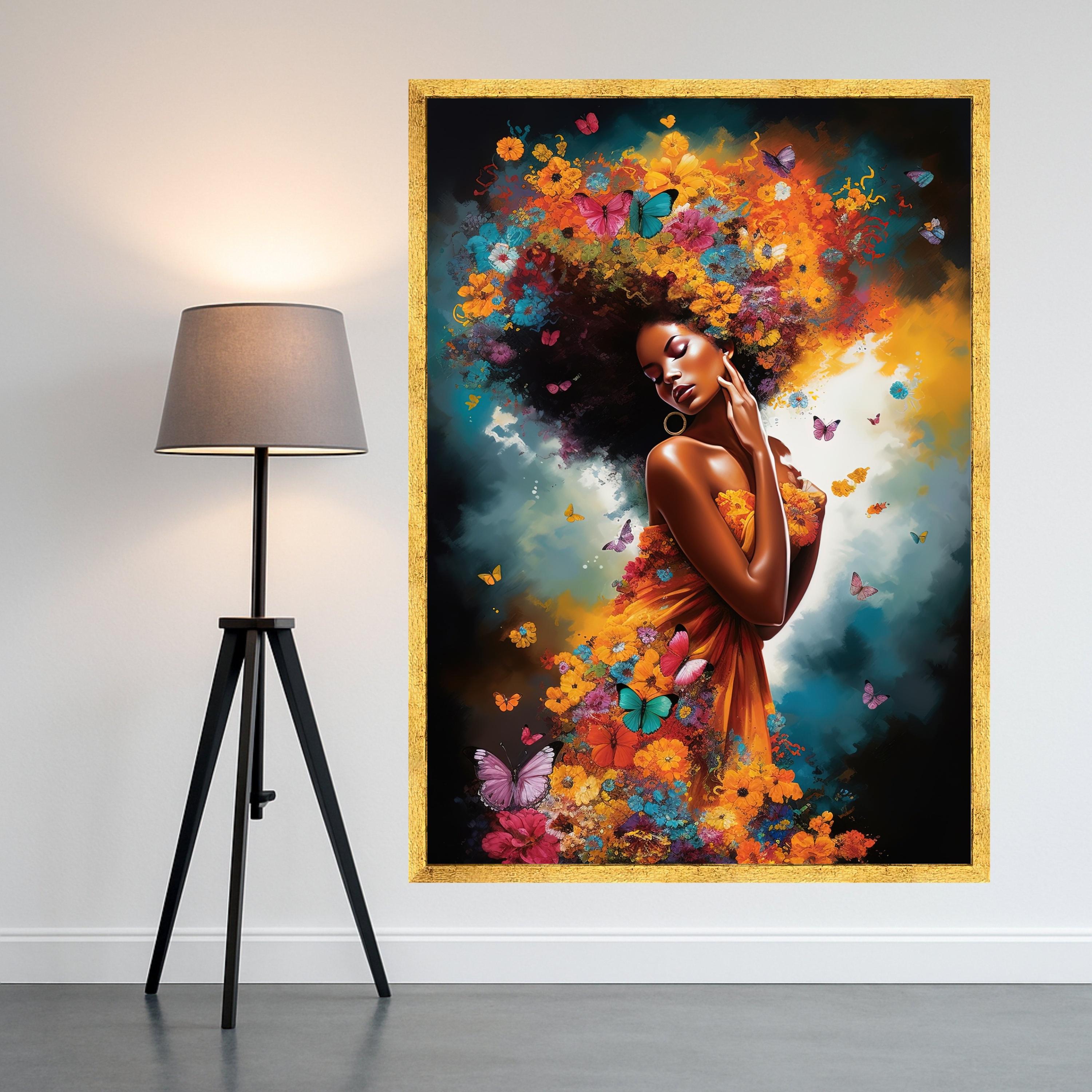 Floral Afro Woman Canvas Art, Butterfly Wall Decor, Vibrant Nature Print, Female Portrait Wall Art