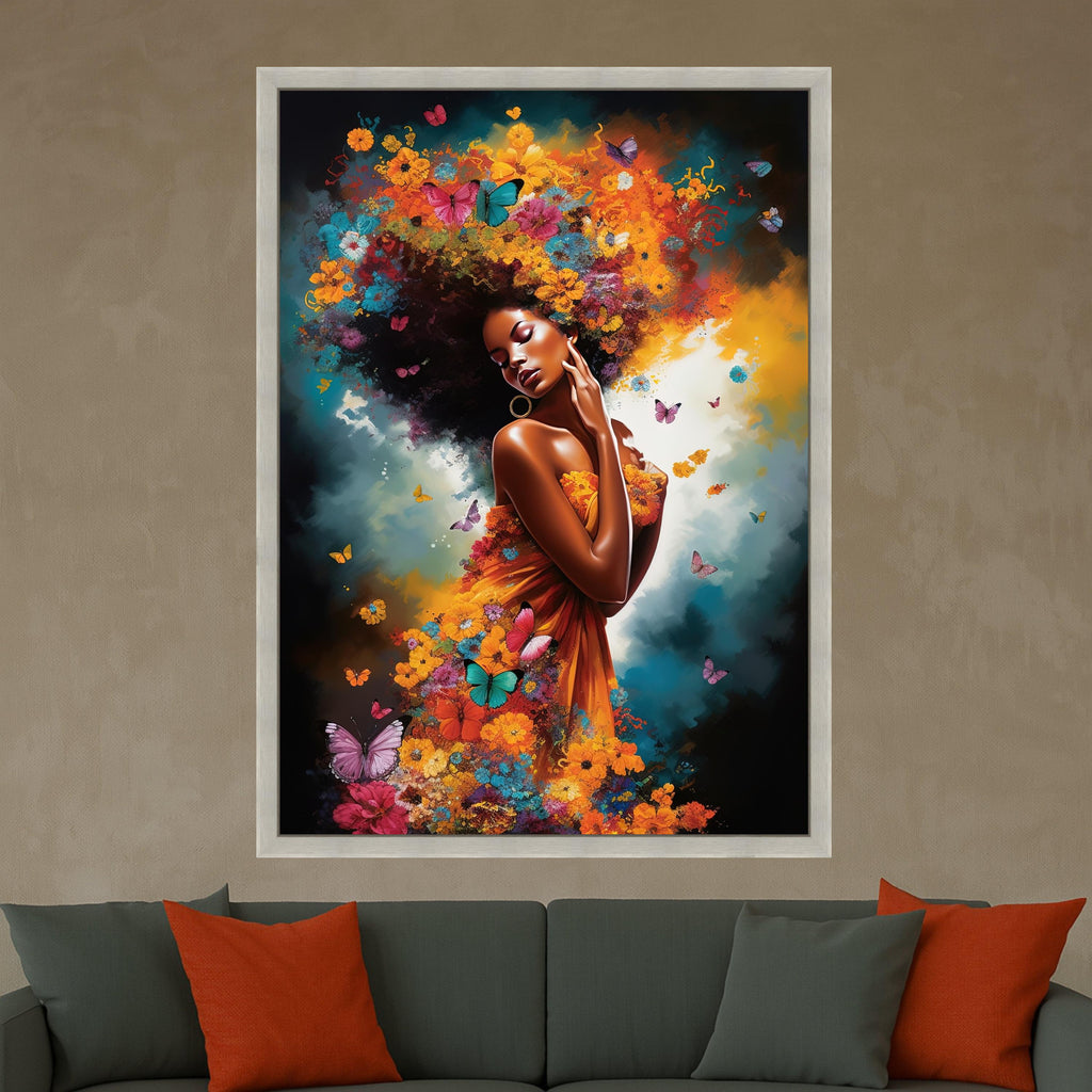 Floral Afro Woman Canvas Art, Butterfly Wall Decor, Vibrant Nature Print, Female Portrait Wall Art