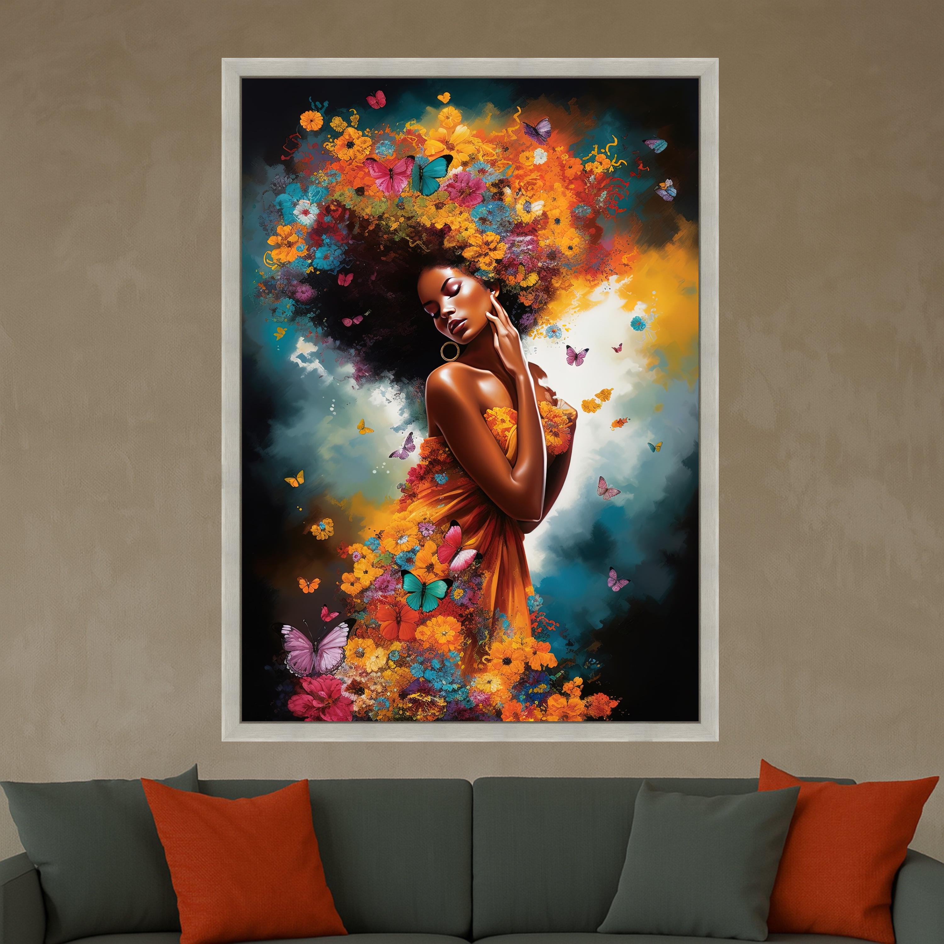 Floral Afro Woman Canvas Art, Butterfly Wall Decor, Vibrant Nature Print, Female Portrait Wall Art