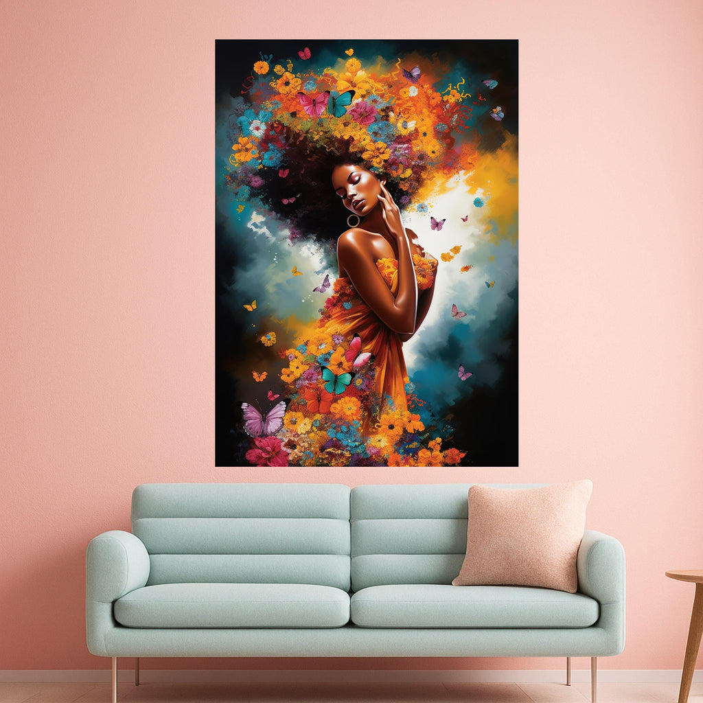 Floral Afro Woman Canvas Art, Butterfly Wall Decor, Vibrant Nature Print, Female Portrait Wall Art