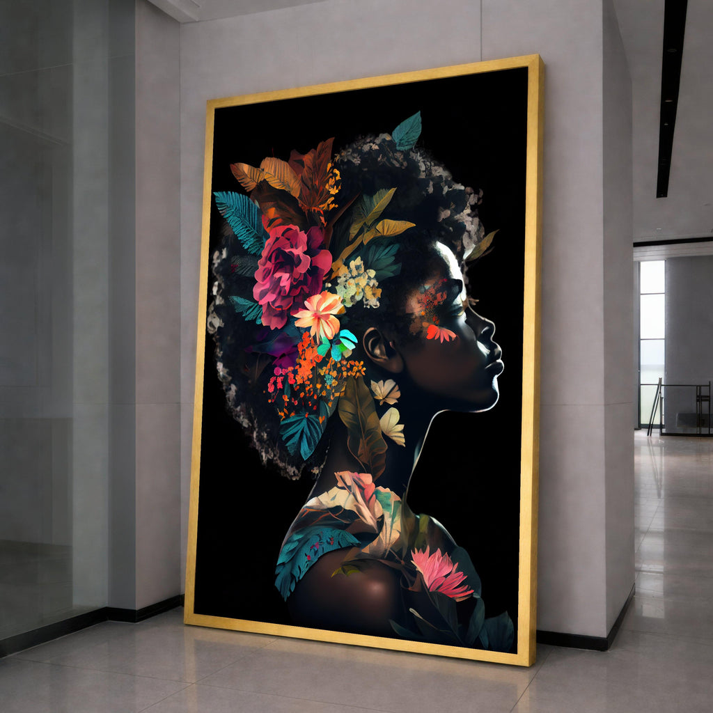 Floral Afro Woman Portrait Canvas Art, Botanical Wall Decor, Dark Skin Artistic Print