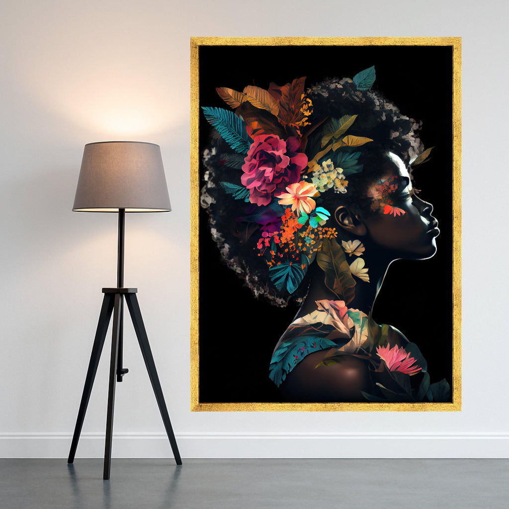 Floral Afro Woman Portrait Canvas Art, Botanical Wall Decor, Dark Skin Artistic Print