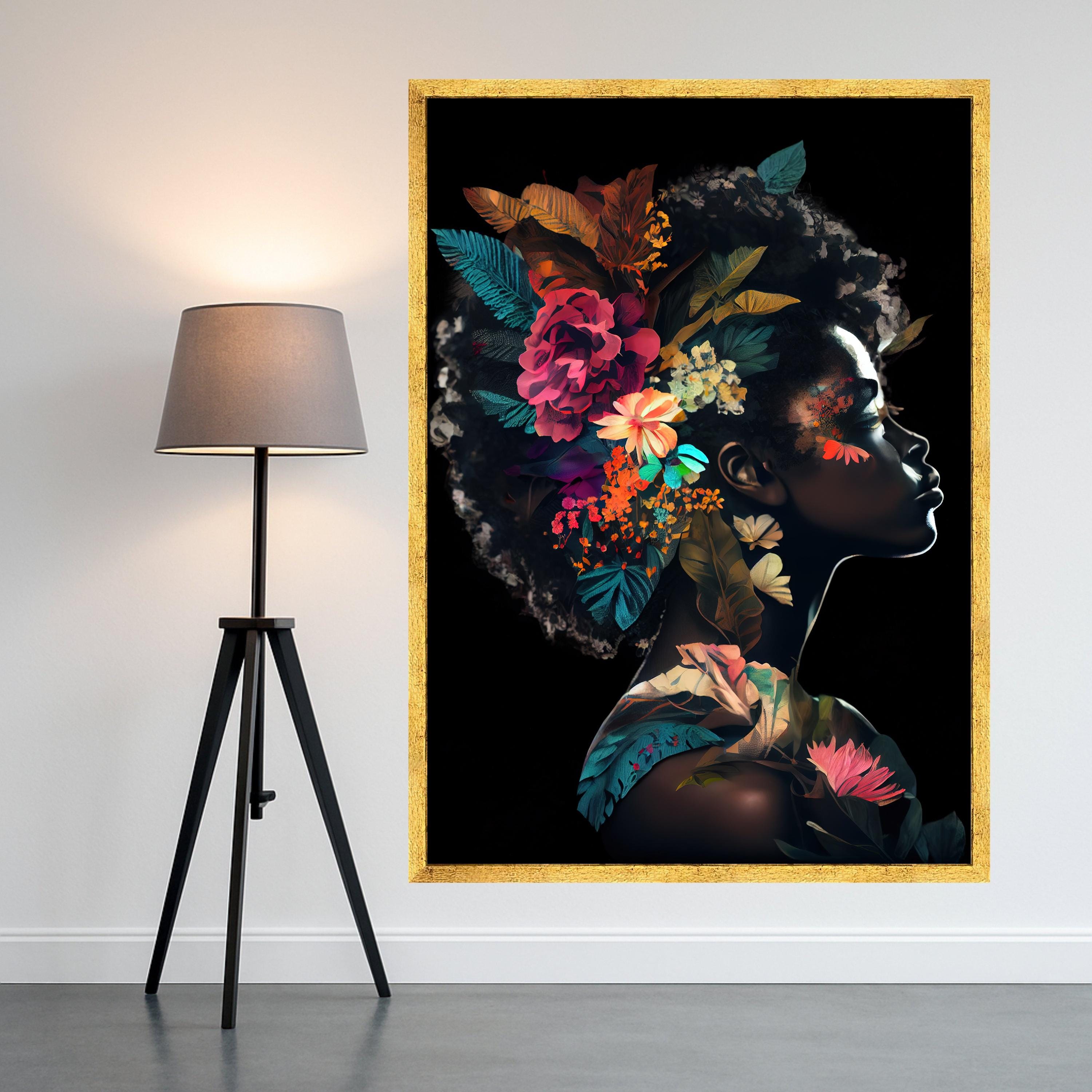 Floral Afro Woman Portrait Canvas Art, Botanical Wall Decor, Dark Skin Artistic Print